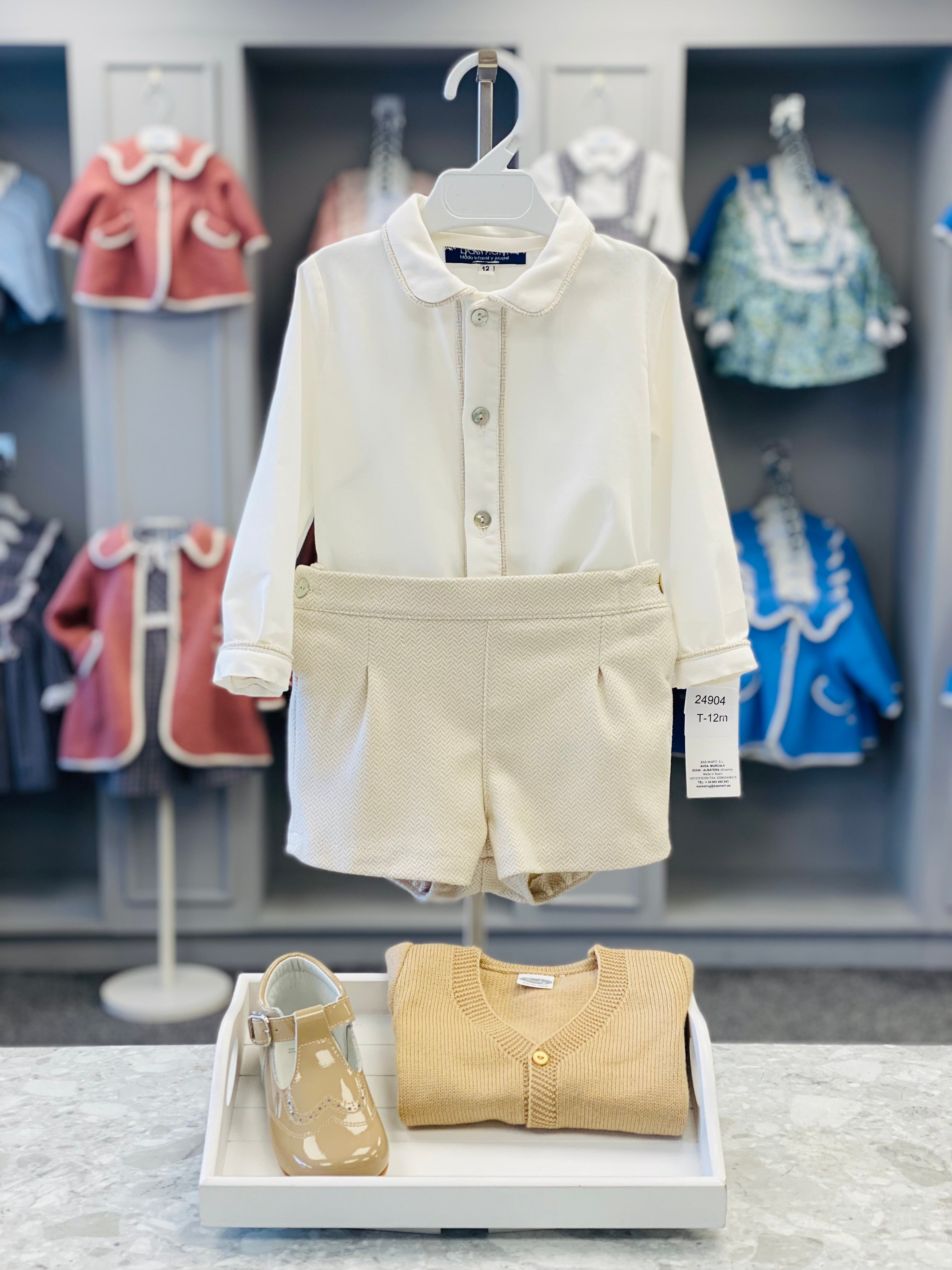 BASMARTI AW24 Cream & Beige Herringbone Boys Short Set - CLEARANCE SALE