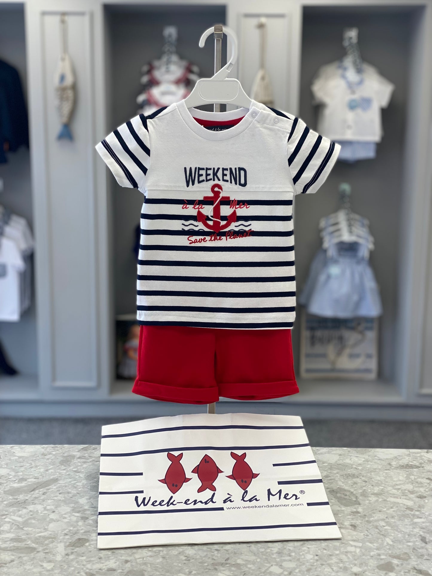 WEEKEND A LA MER Boys Cruising Red & Navy Short Set