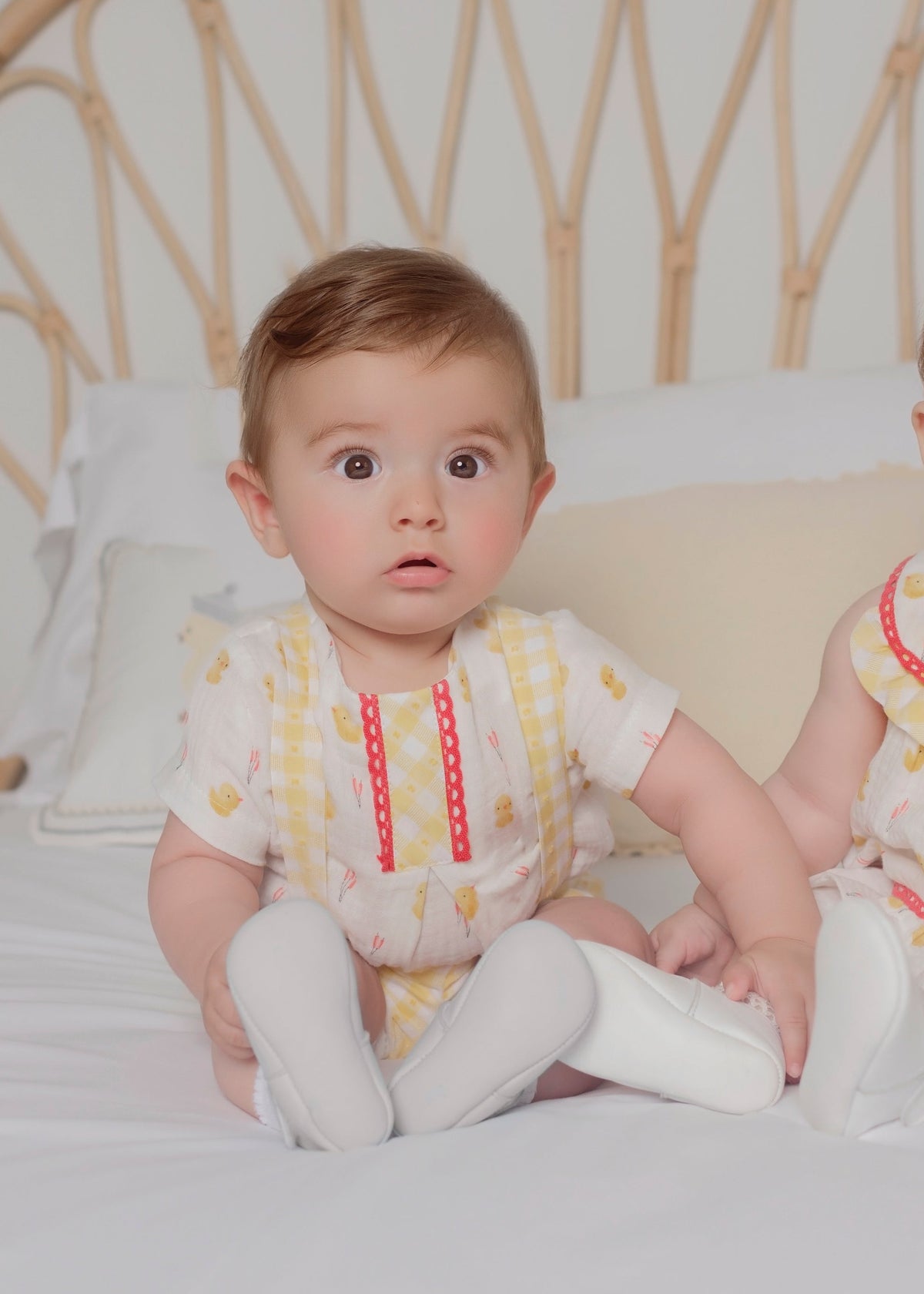 Miranda Little Chick boys lemon gingham short set with cotton muslin chick print top and shoulder strap shorts