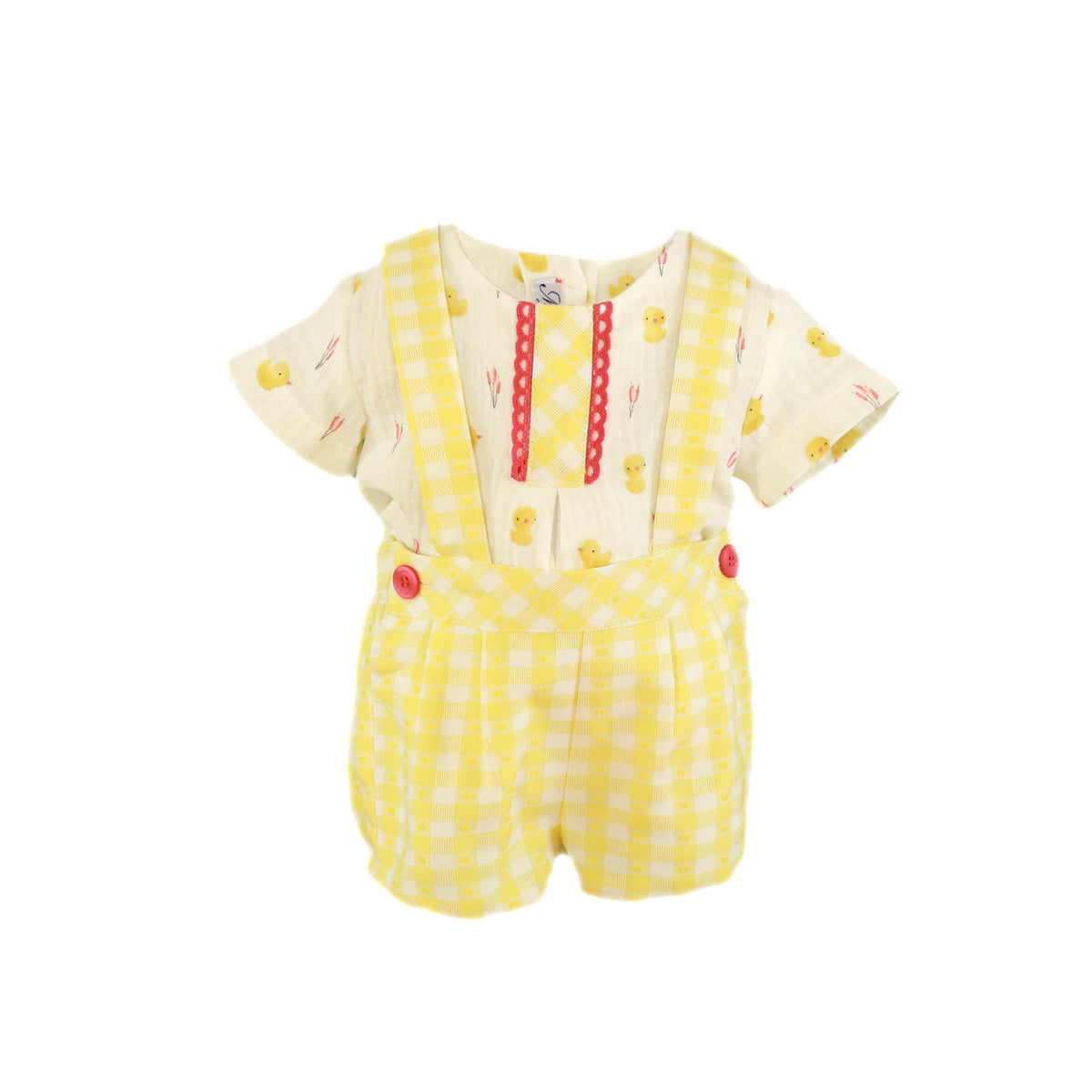 Miranda Little Chick boys lemon gingham short set with cotton muslin chick print top and shoulder strap shorts