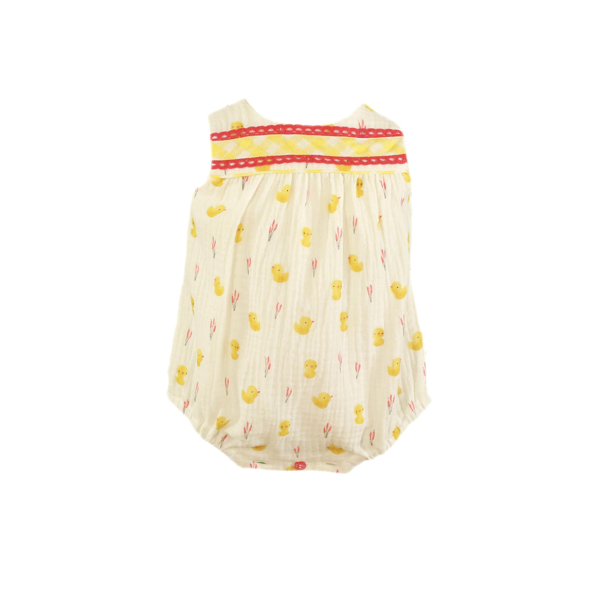 Miranda Little Chick boys lemon cotton muslin romper with chick print and yellow gingham trim