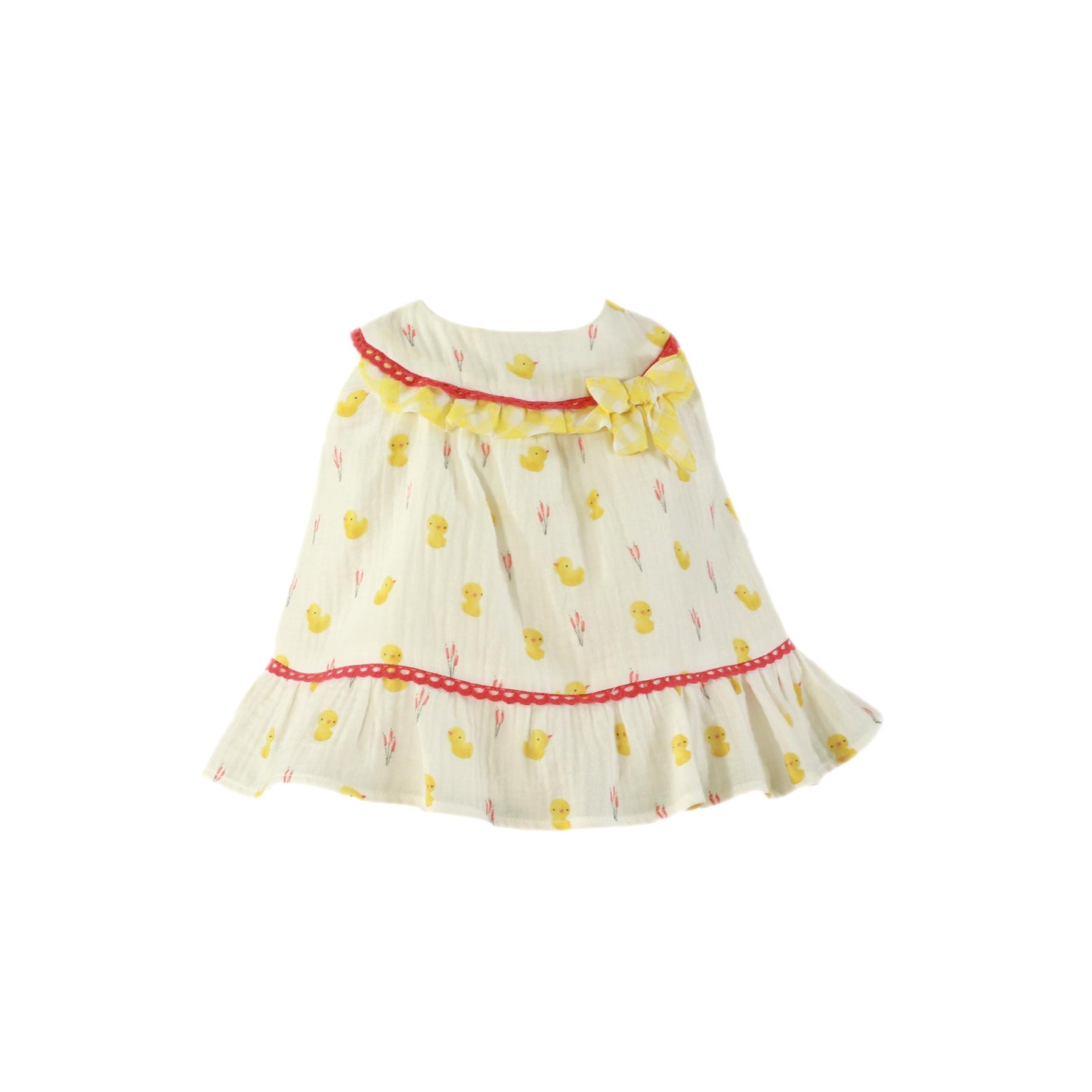 Miranda Little Chick girls lemon cotton muslin dress with chick print, gingham frill and bow