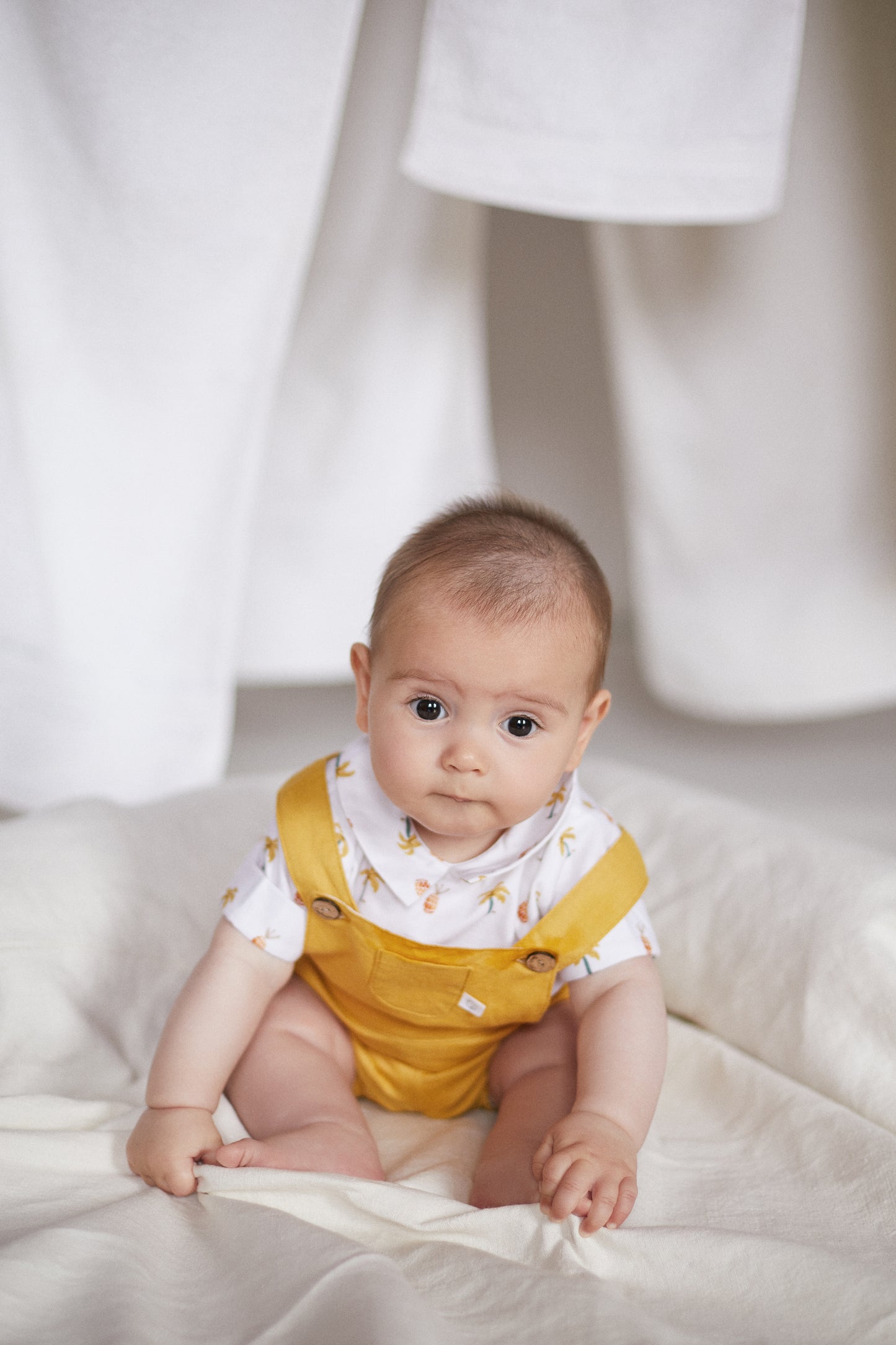 Deolinda Tropical boys mustard dungaree set - detail view