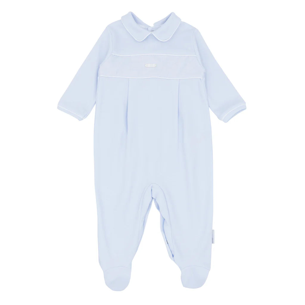 Blues Baby Girona boys baby blue cotton babygrow with Peter Pan collar and white piping BB1819