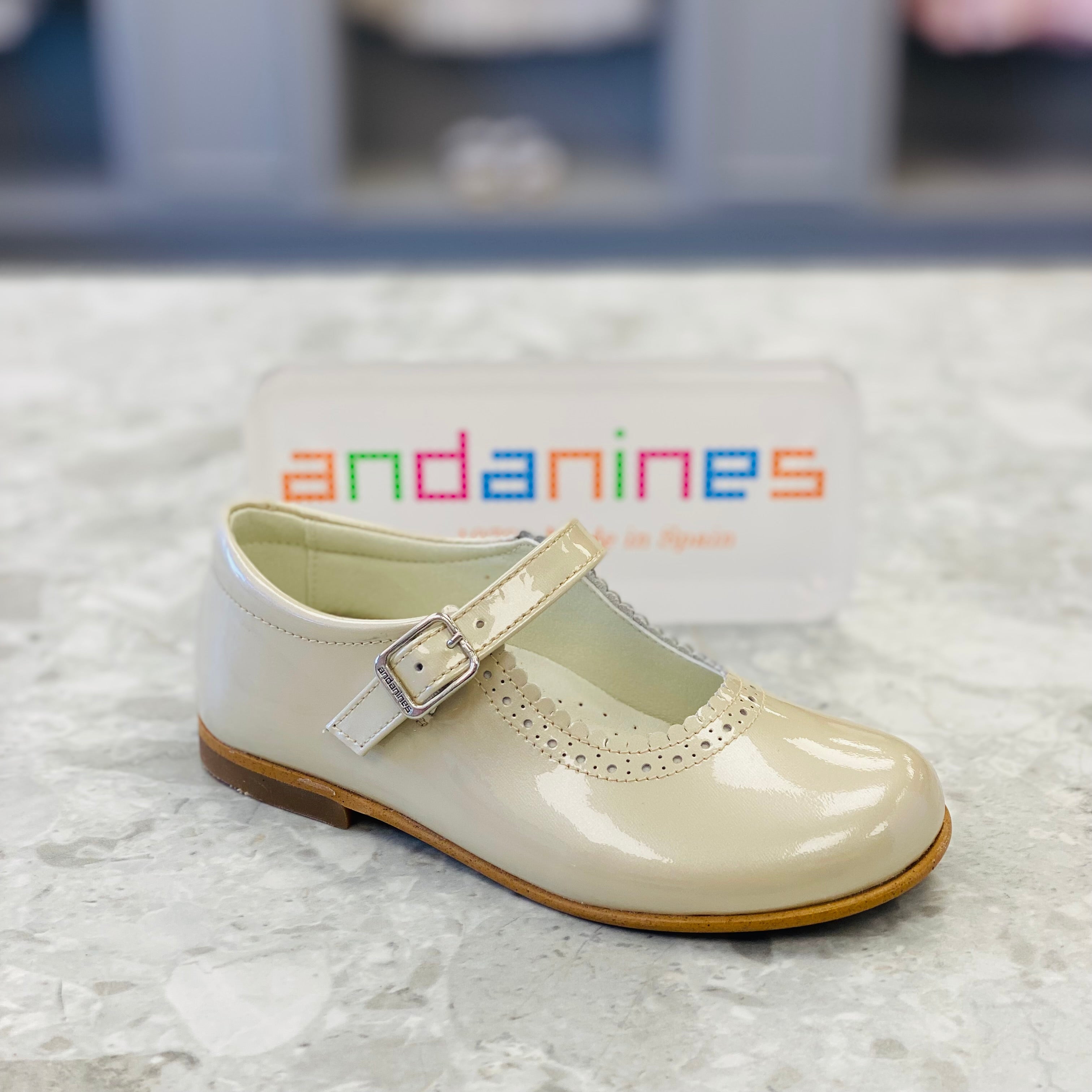 ANDANINES Beige Pearl Girls Leather Mary Jane Shoes