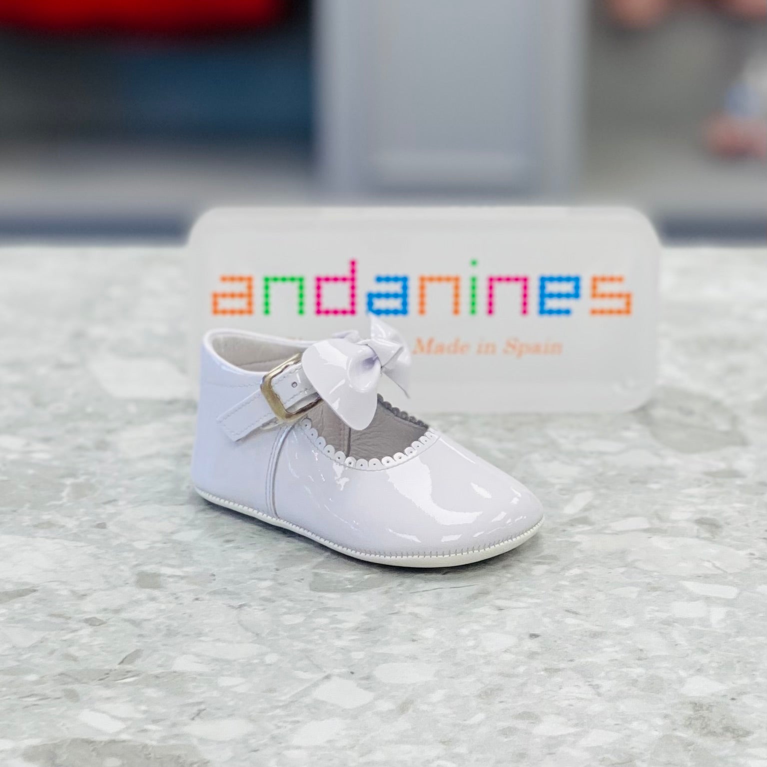 ANDANINES White Girls Patent Leather Bow Pram Shoe
