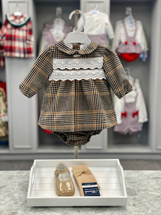 FOQUE Camel Tartan Baby Girls Dress & Knickers - CLEARANCE SALE