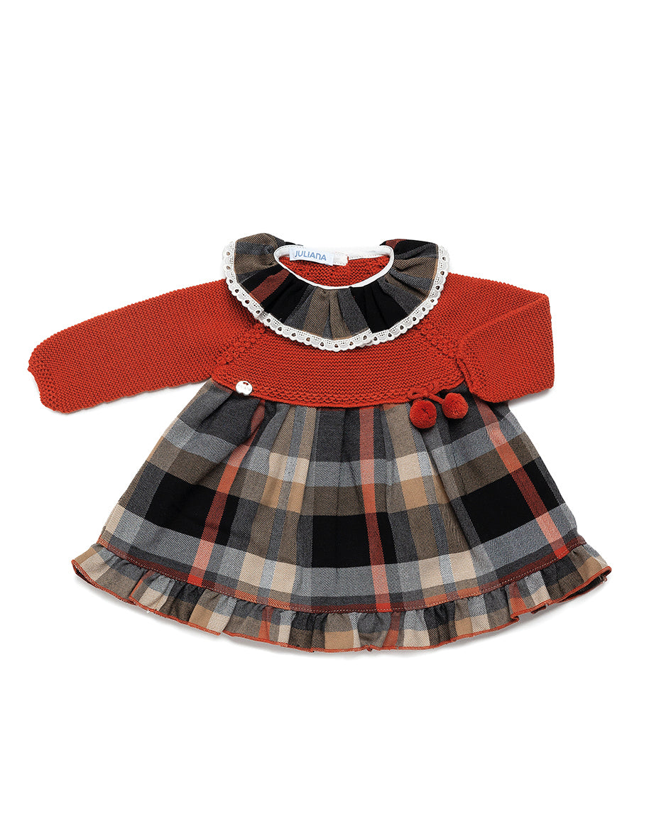 JULIANA AW24 Lucero Girls Rust Check Knitted Dress - CLEARANCE SALE