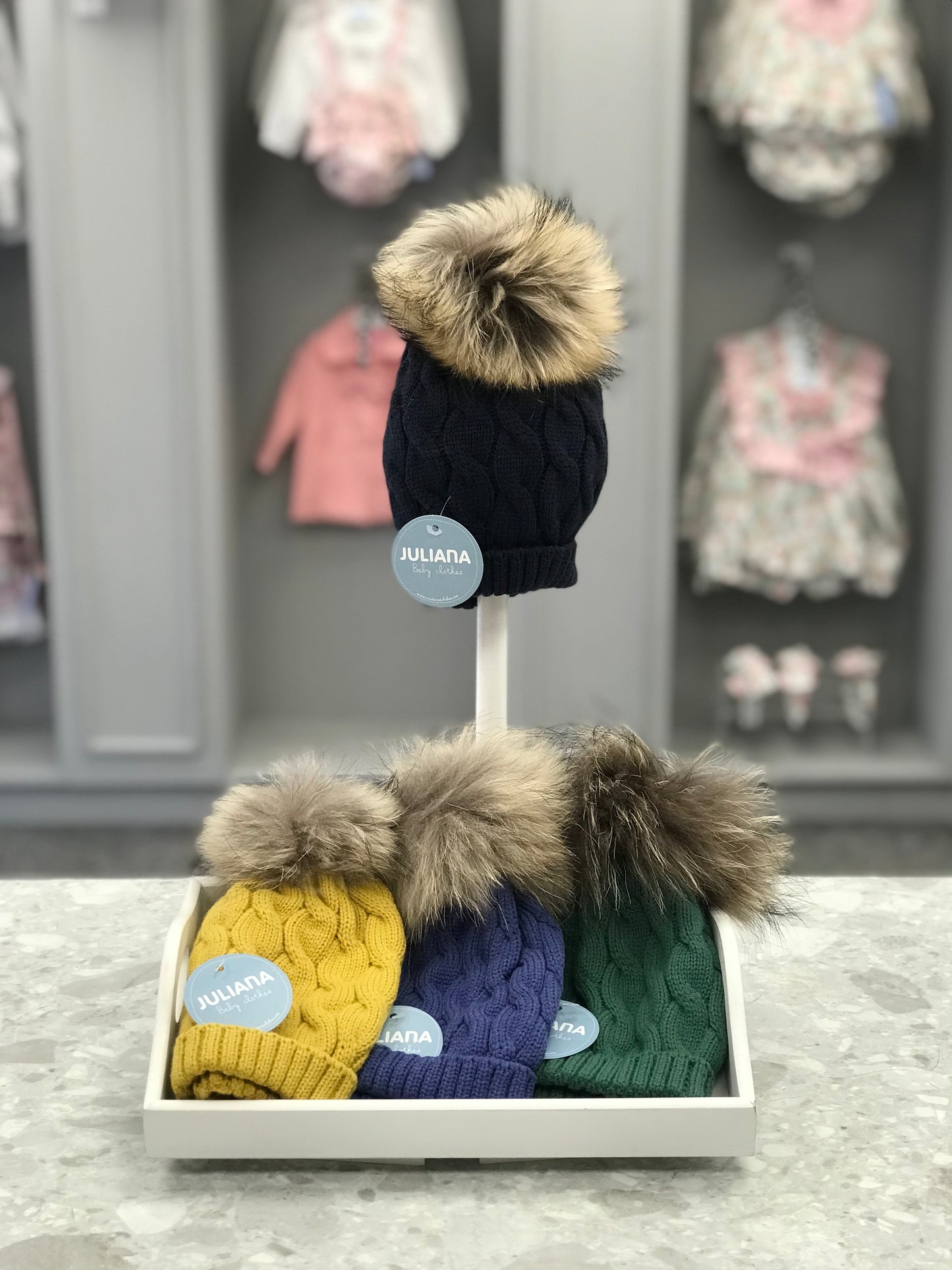 JULIANA AW23 Navy Cable Knit Fur Pom Pom Hat - CLEARANCE SALE