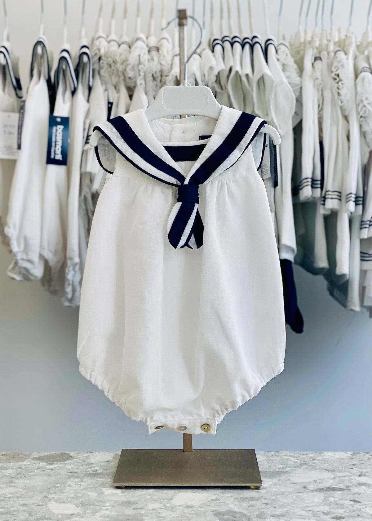 Basmarti Sailor boys navy and white romper 26102