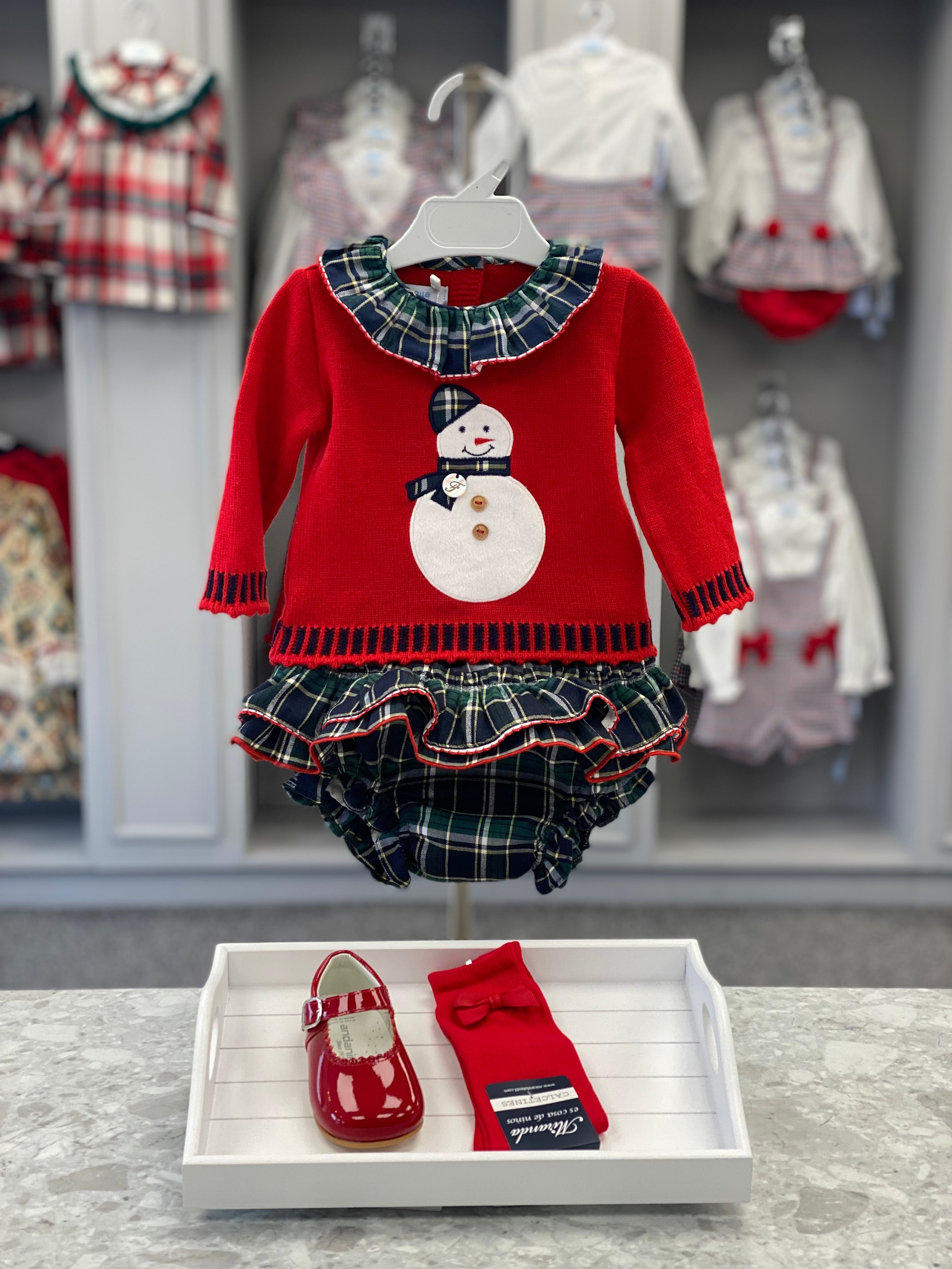 FOQUE Navy Tartan Baby Girls Snowman Jam Pant Set - CLEARANCE SALE
