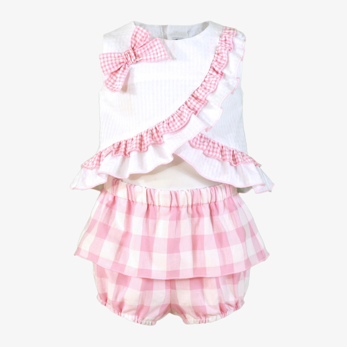 Miranda Pink Gingham Girls Shorts Set featuring a white frill top with pink gingham trim and matching pink gingham bloomers.