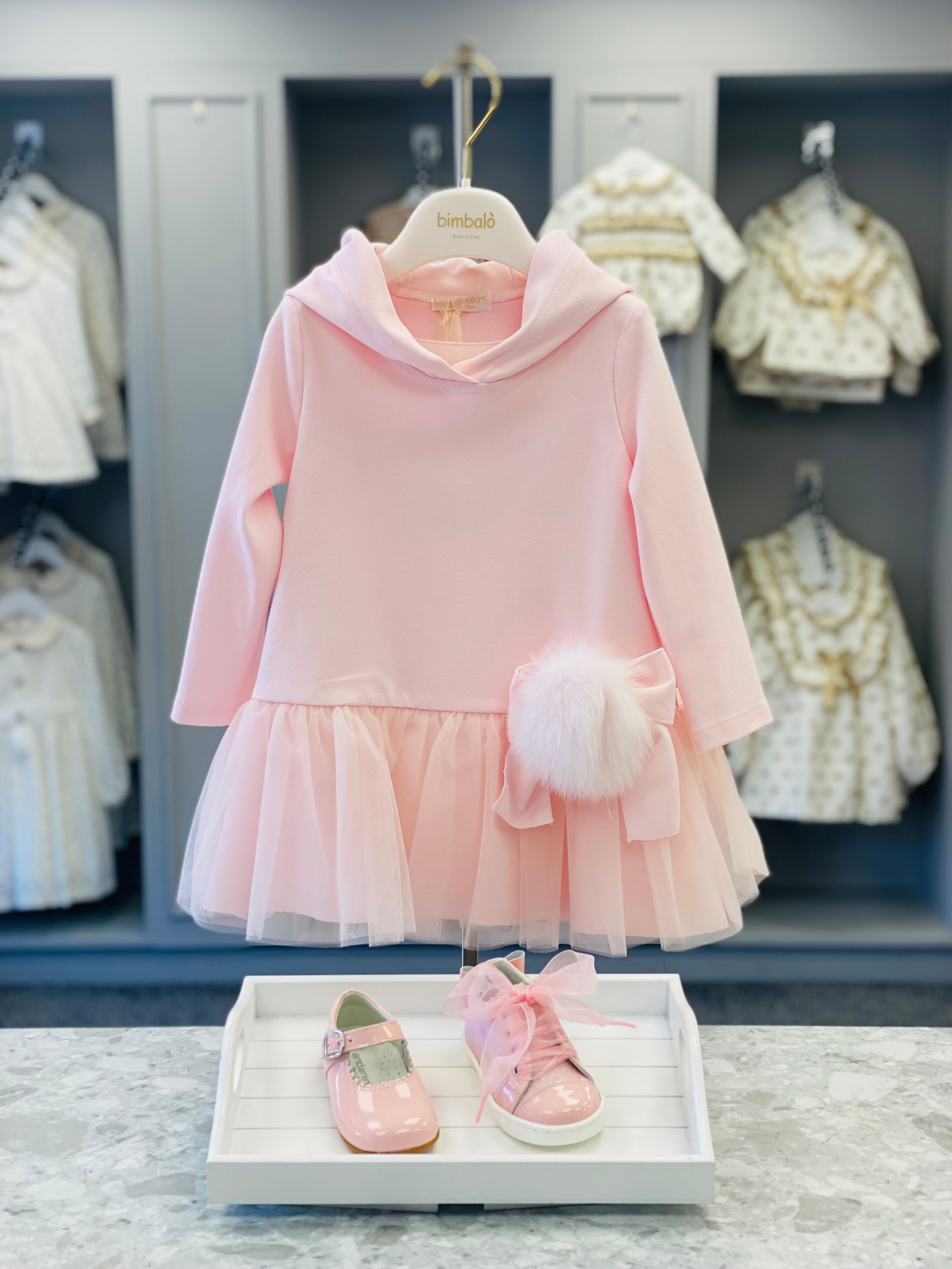 AW25 BIMBALO Girls Pink Tulle & Fur Dress