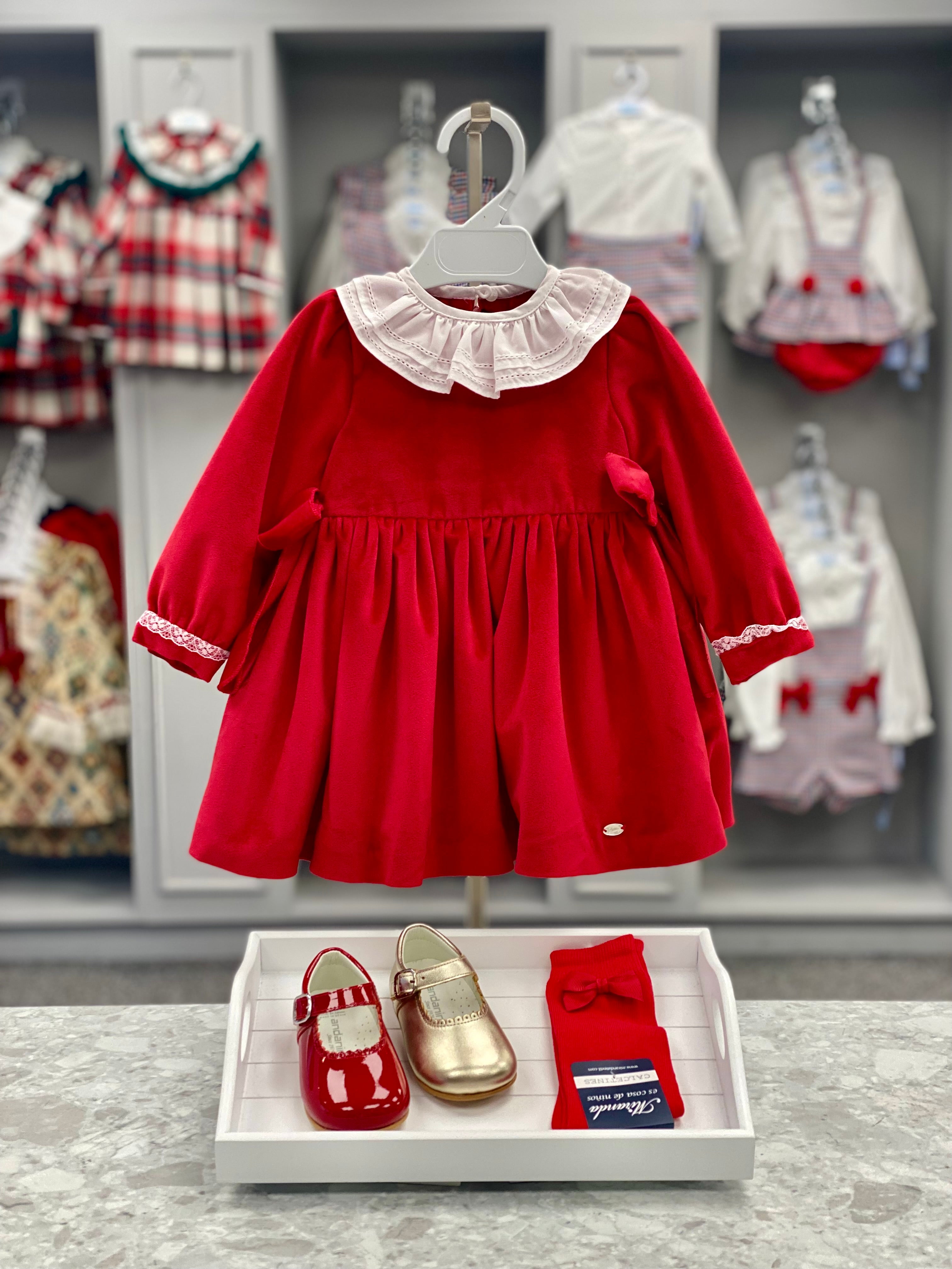 PICCOLA SPERANZA Red Velvet Girls Dress with Frill Collar - CLEARANCE SALE