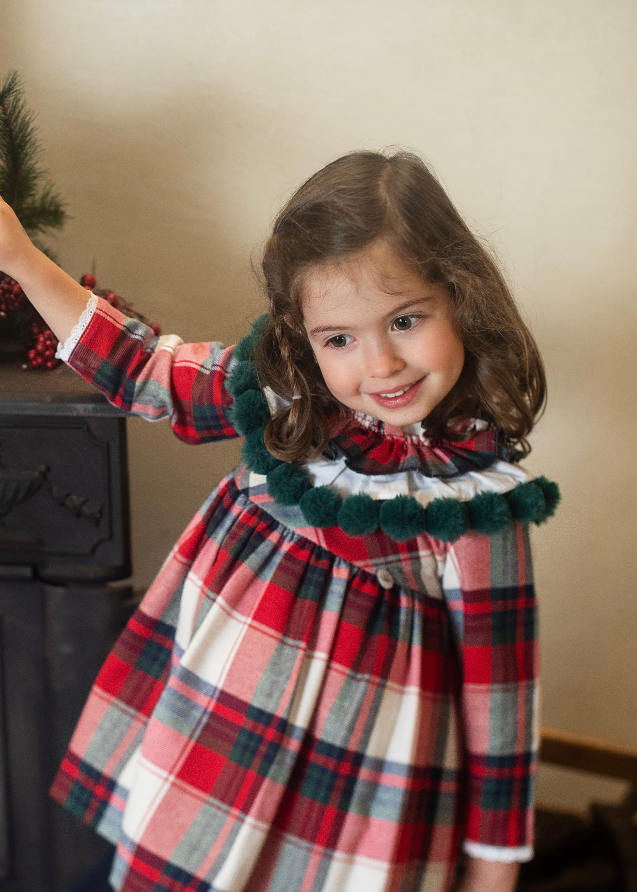 AW24 FOQUE Red Tartan Pom Pom Girls Dress - CLEARANCE SALE