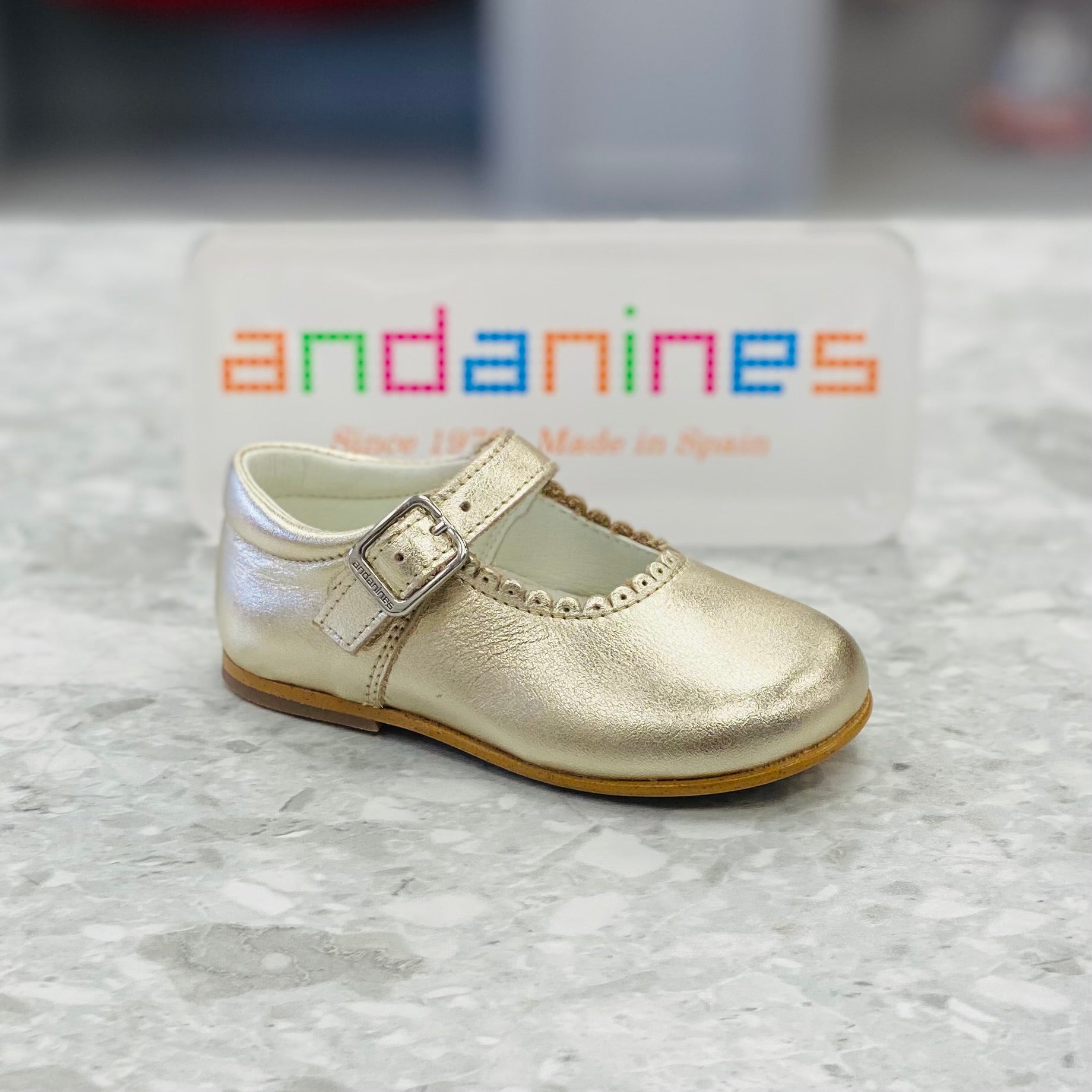 ANDANINES Gold Girls Leather Mary Jane Shoes