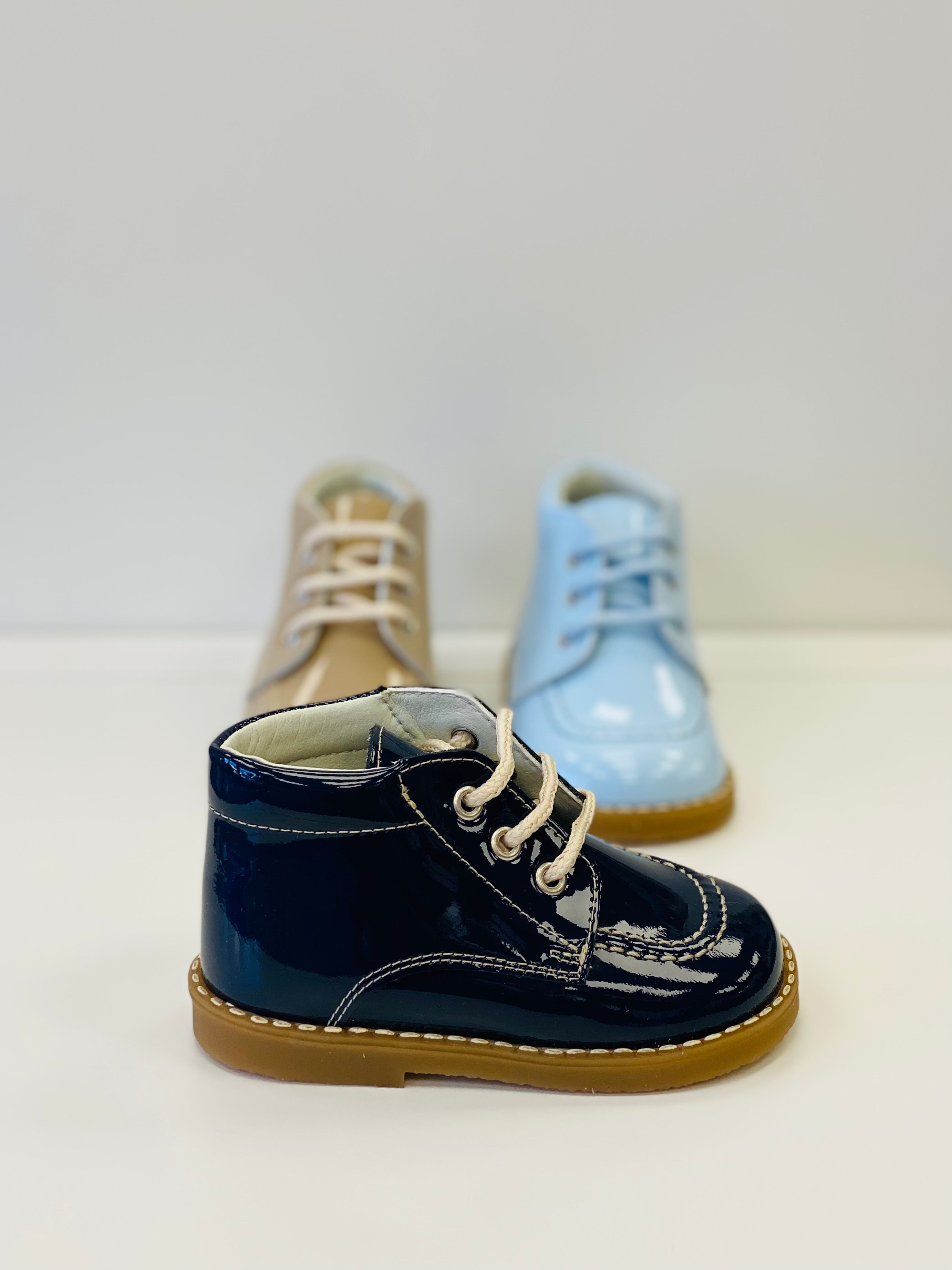 ANDANINES Navy Boys Patent Leather Ankle Boots