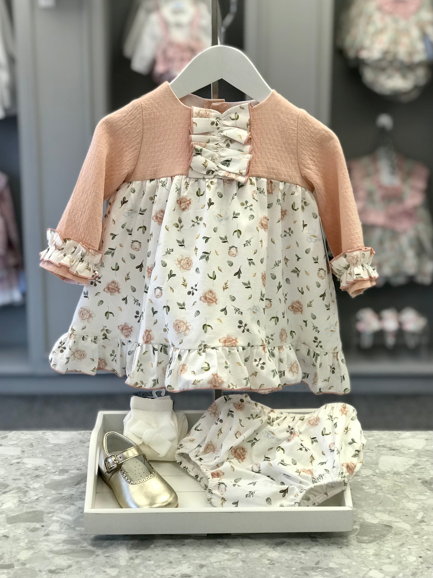 LOR Miral Freya baby girls blush pink floral dress with textured bodice, ruffle trim and matching knickers