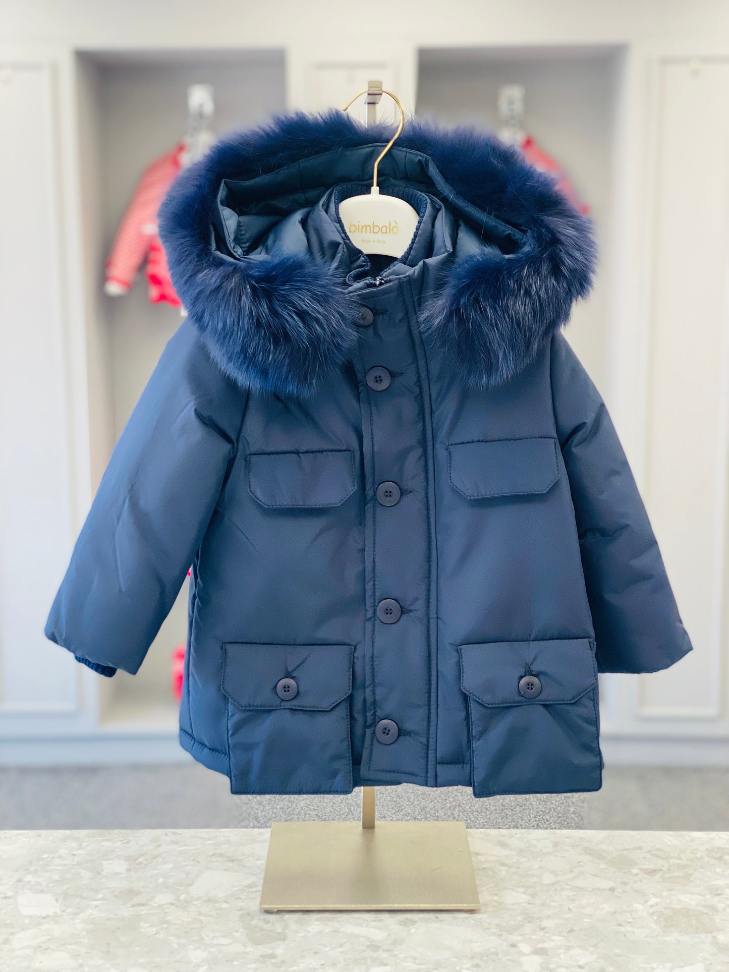 AW25 BIMBALO Boys Navy Coat with Fur Hood