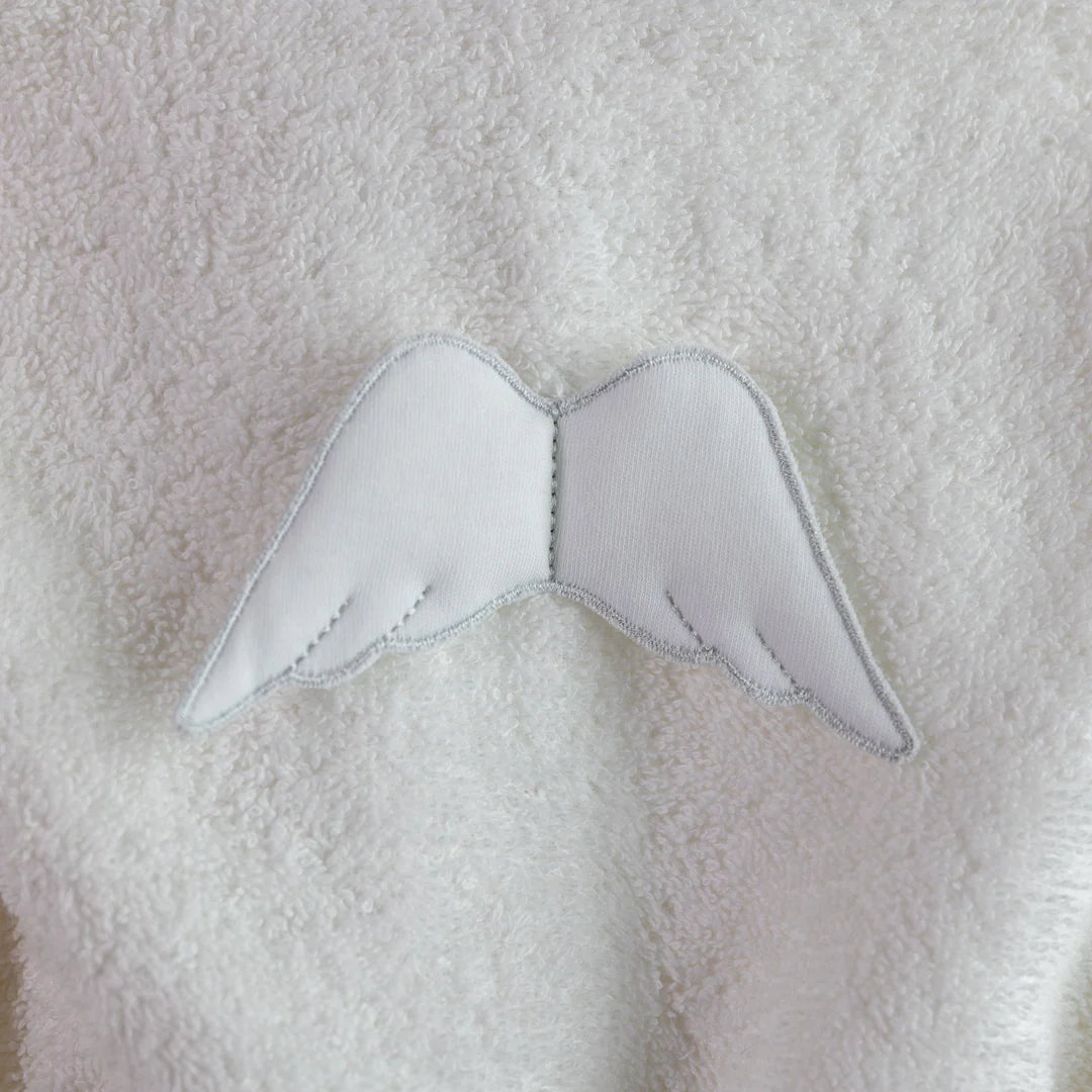 Baby Gi white unisex cotton terry towelling bathrobe with angel wings detail on the back - close up view.