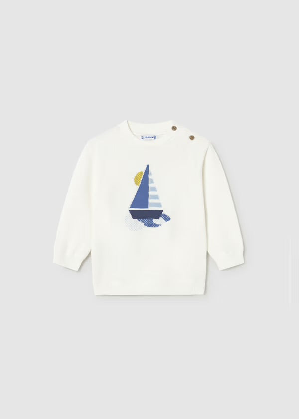 Mayoral ivory knitted jumper with blue sailboat motif, front view