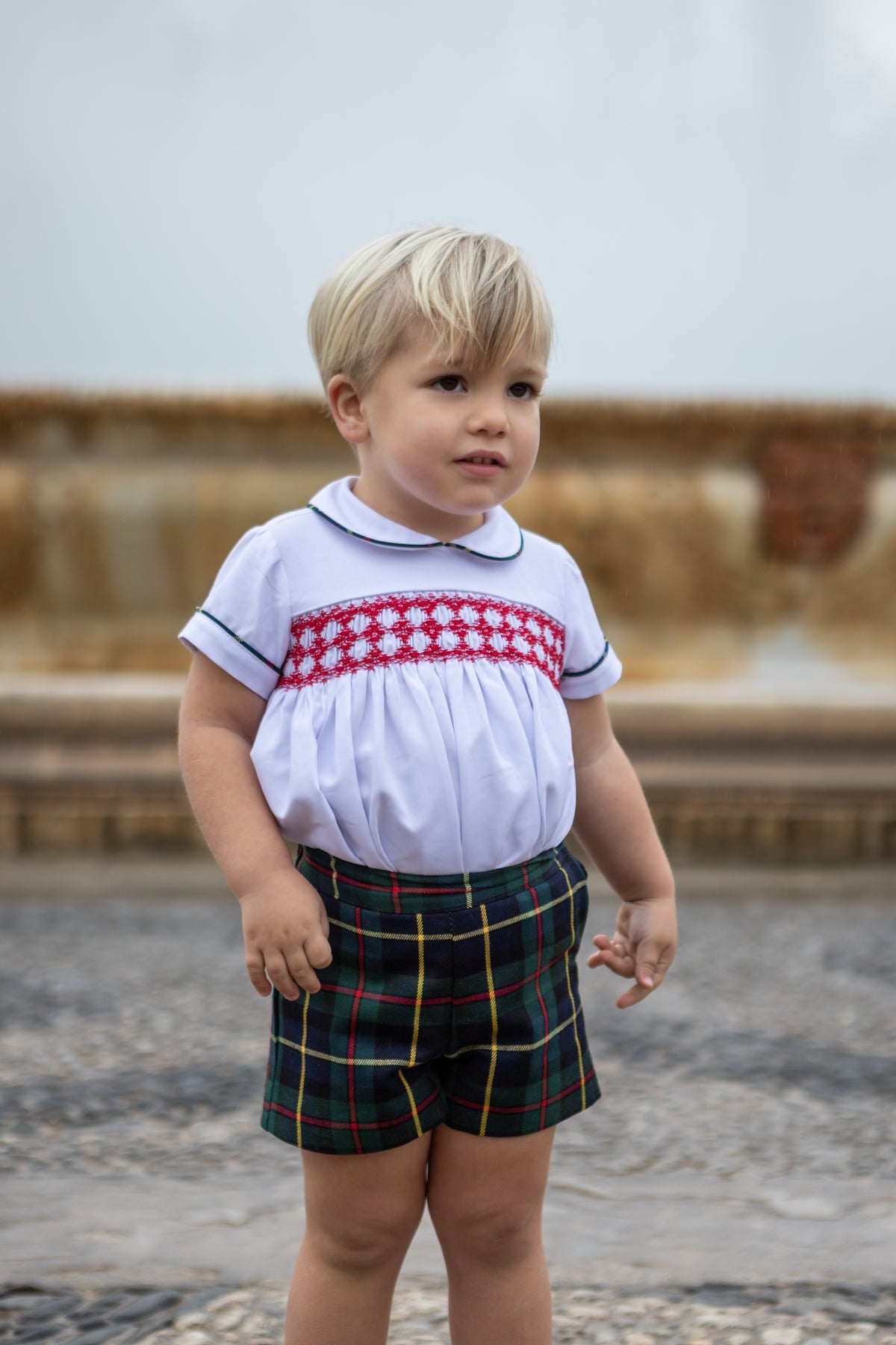 Naxos boys navy tartan short set with white blouse and red hand-smocked chest 1