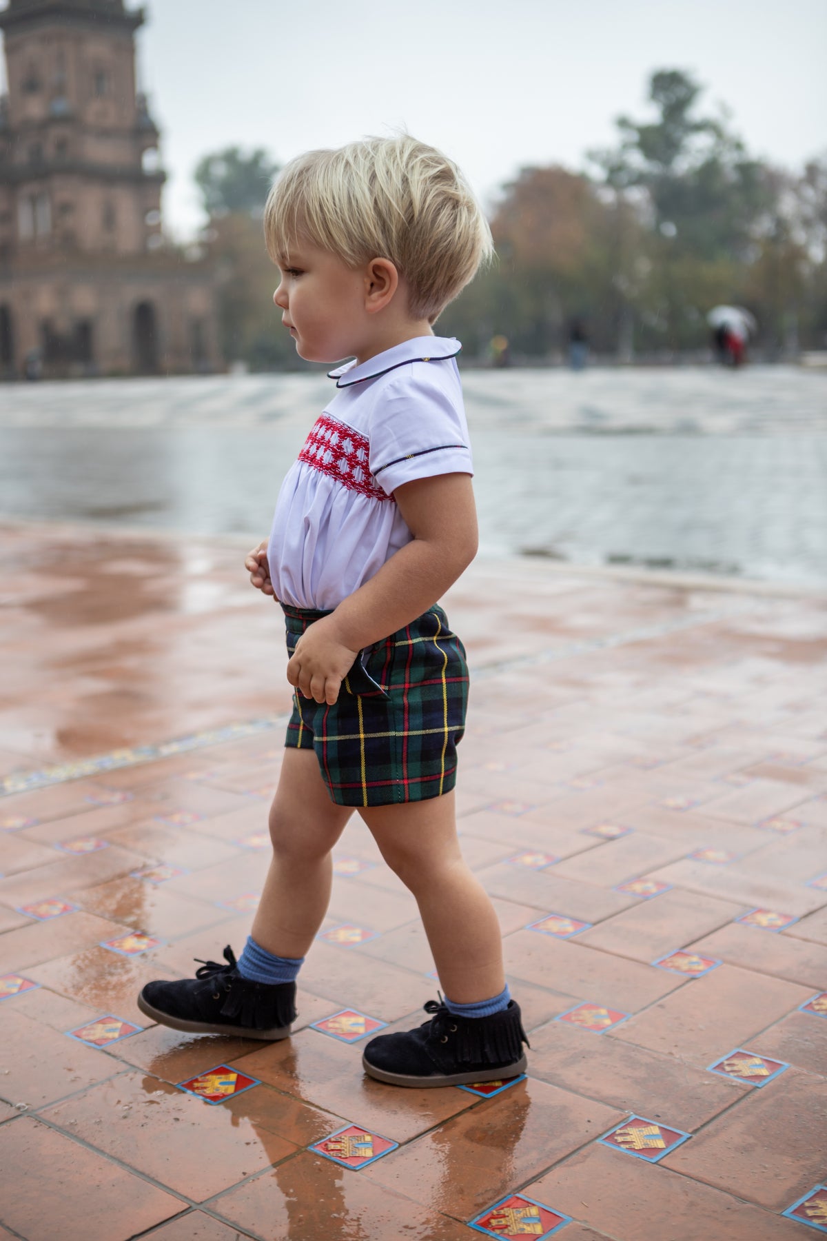 Naxos boys navy tartan short set with white smocked blouse