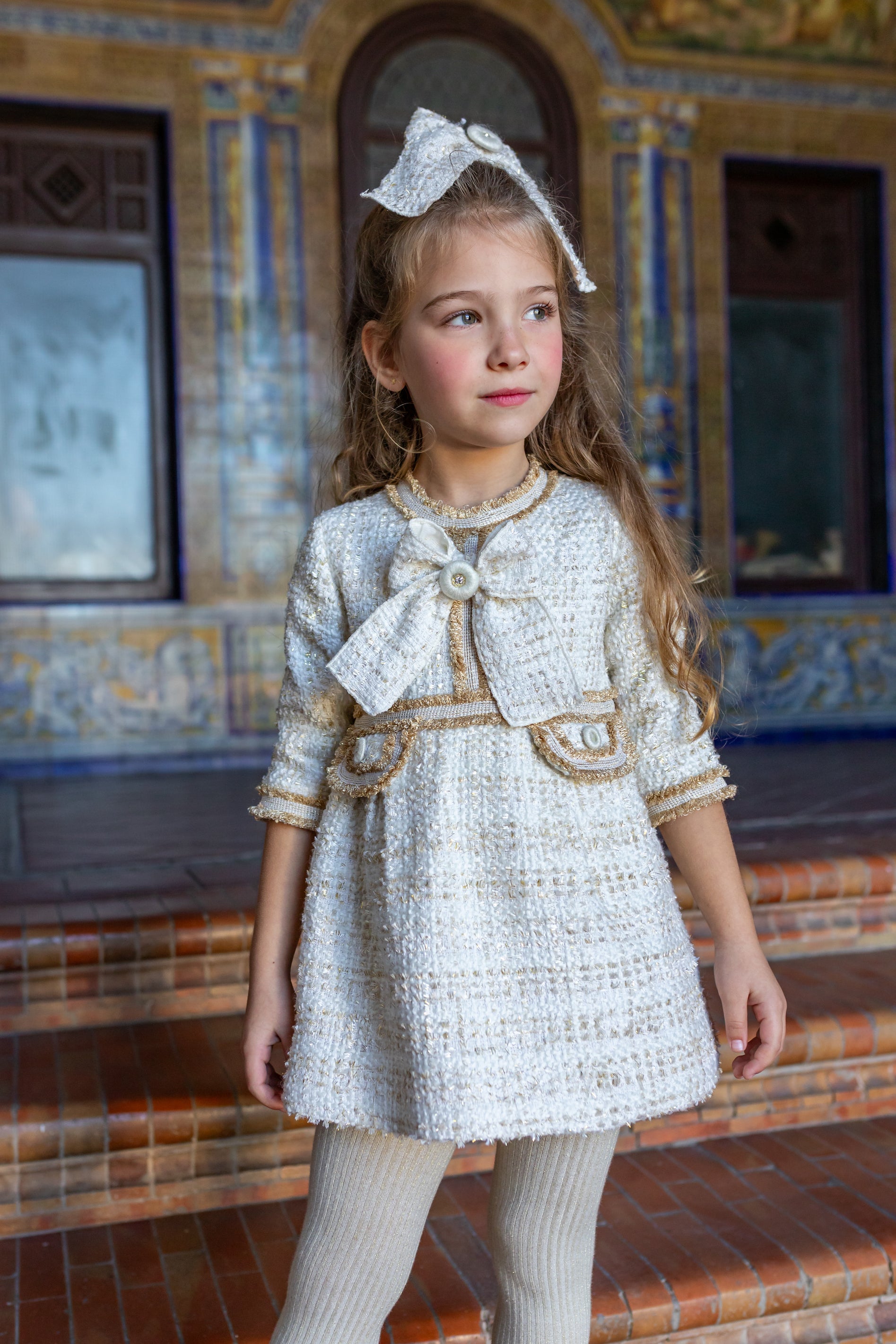 NAXOS AW24 Cream & Gold Tweed Girls Dress - CLEARANCE SALE