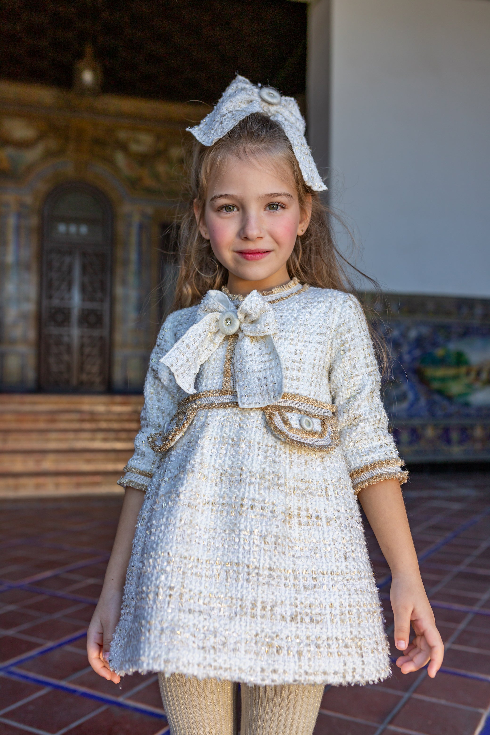 NAXOS AW24 Cream & Gold Tweed Girls Dress - CLEARANCE SALE