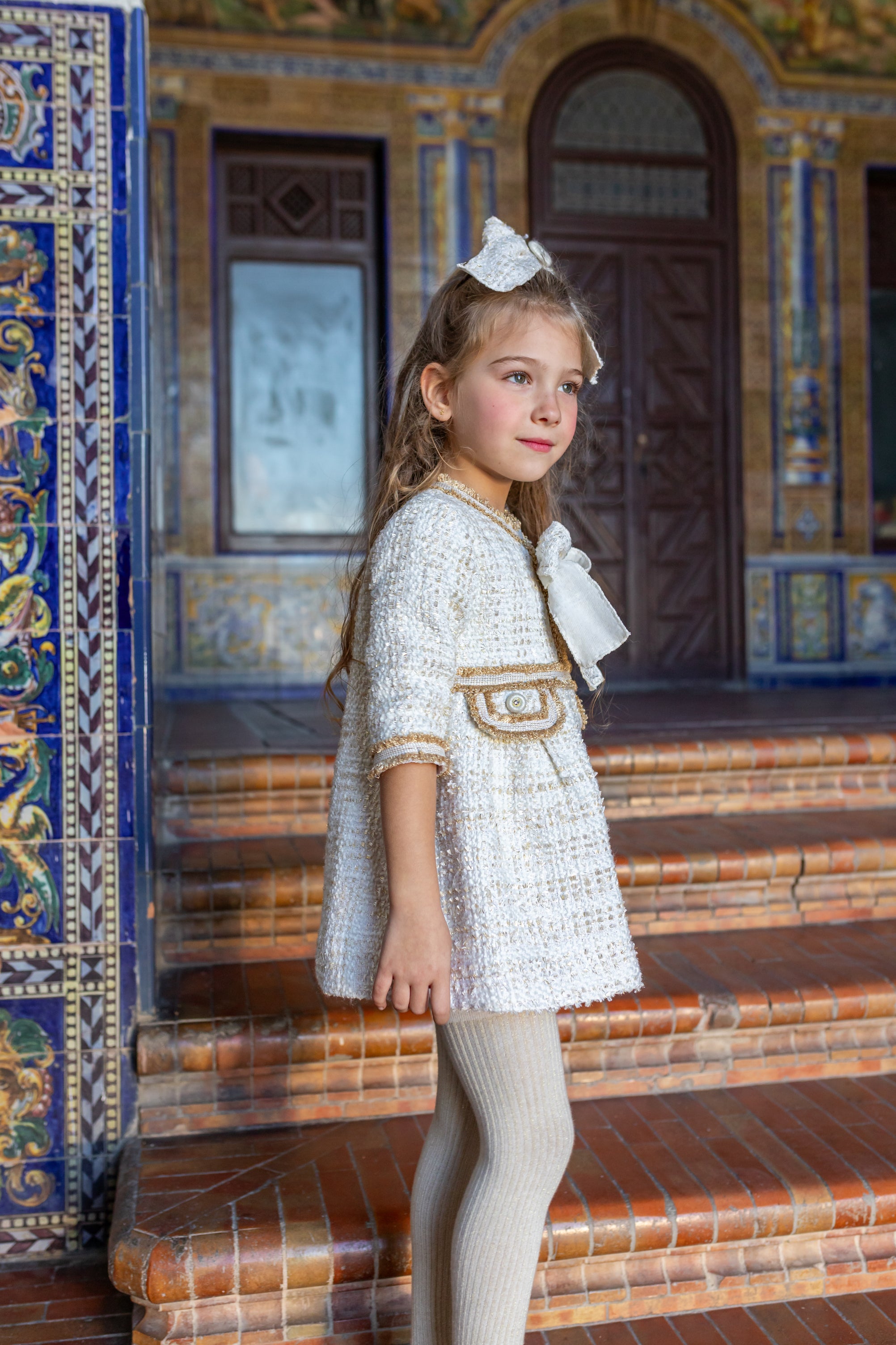 NAXOS AW24 Cream & Gold Tweed Girls Dress - CLEARANCE SALE