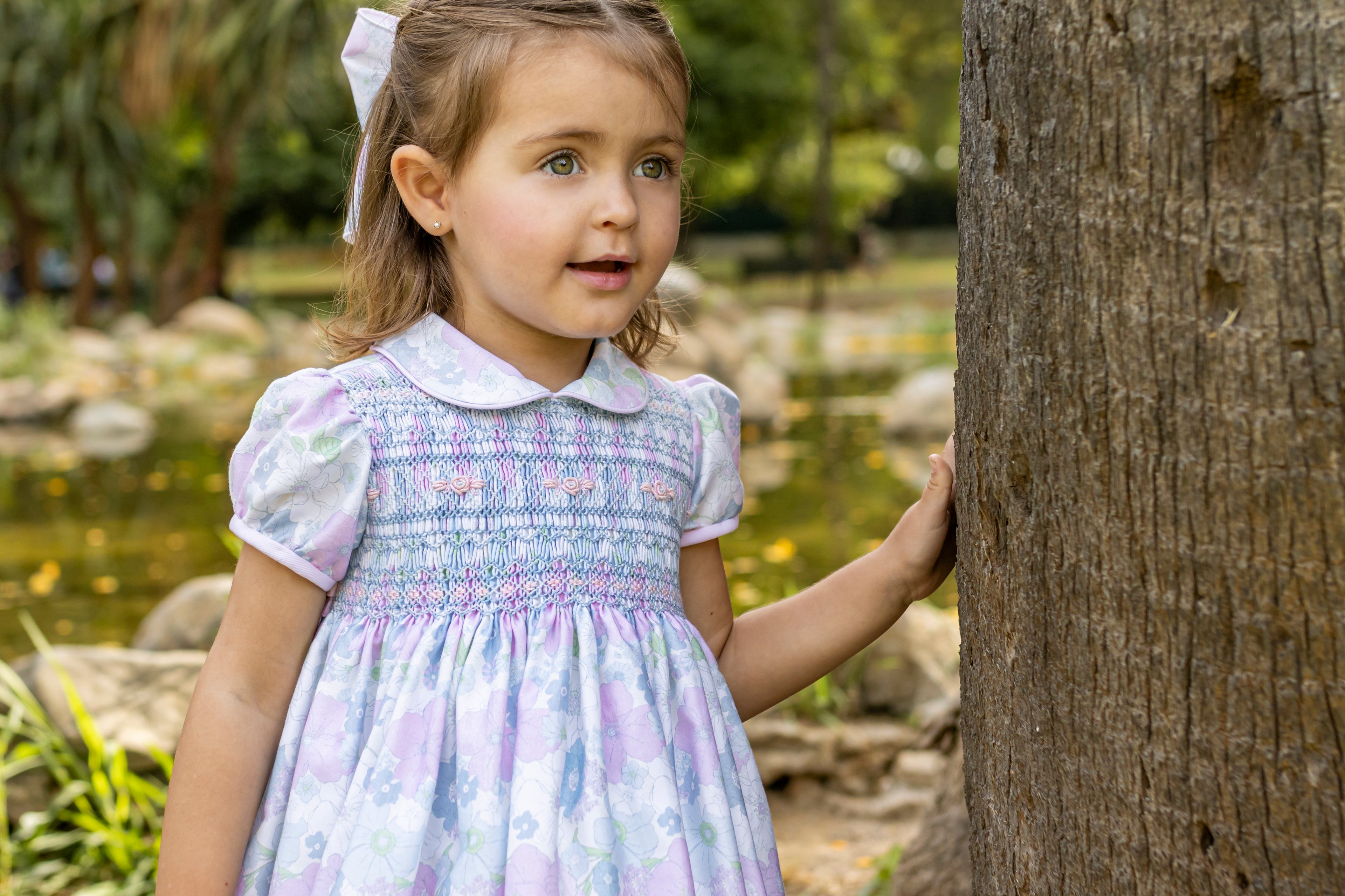 NAXOS SS25 Bonita Girls Blue & Pink Floral Hand Smocked Dress - 7533