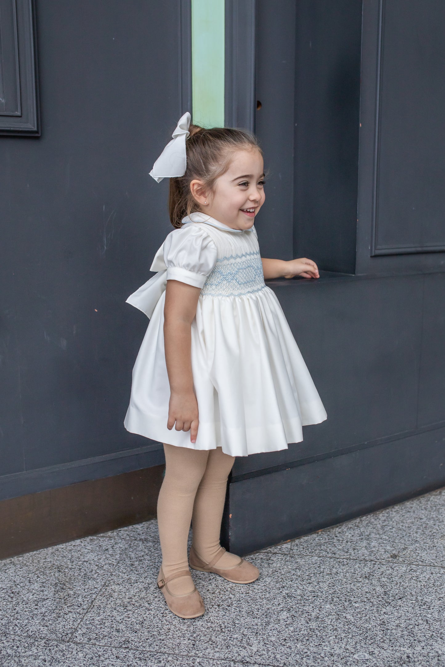 PRE ORDER AW25 NAXOS Cream & Blue Girls Hand Smocked Dress - 7622