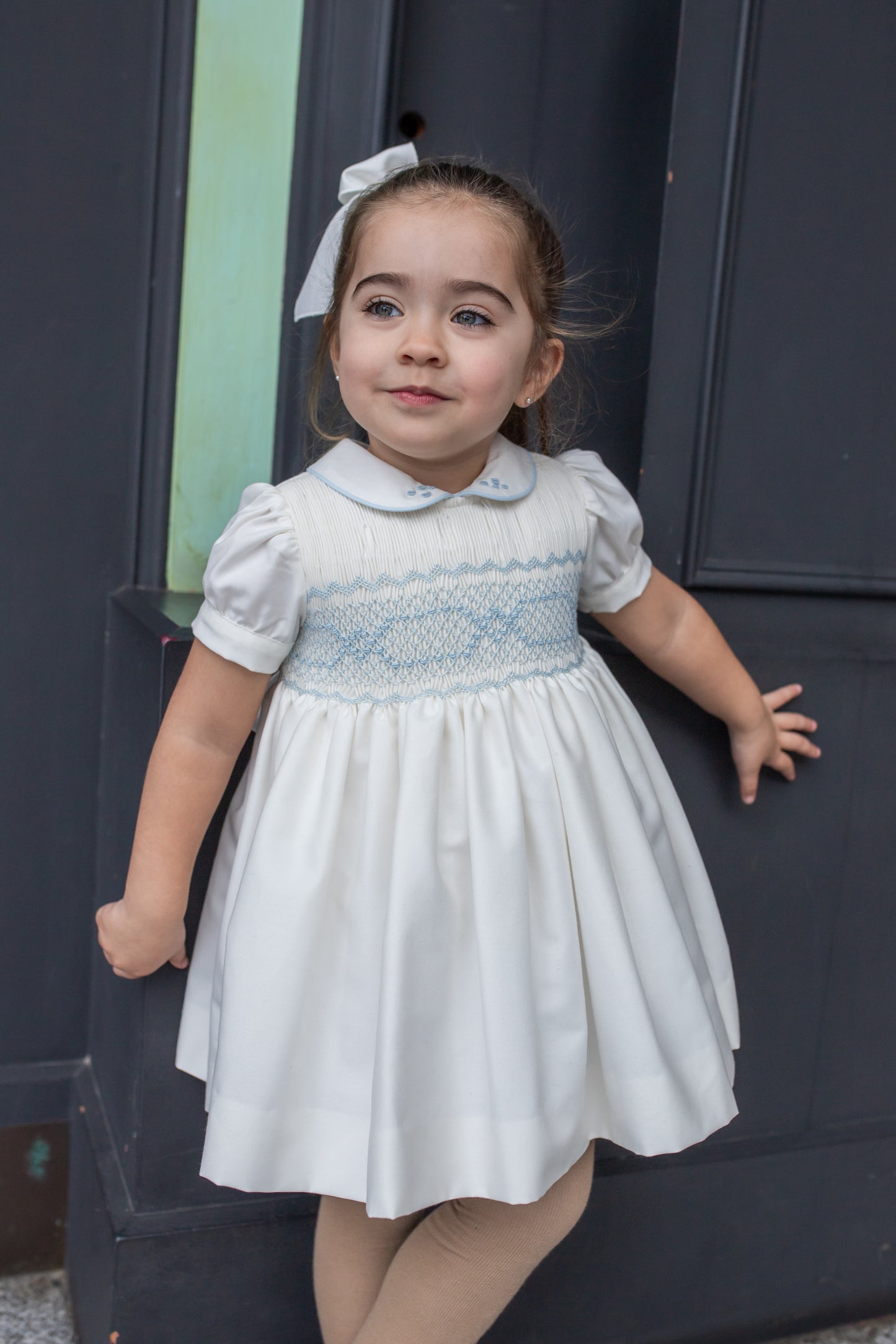 PRE ORDER AW25 NAXOS Cream & Blue Girls Hand Smocked Dress - 7622