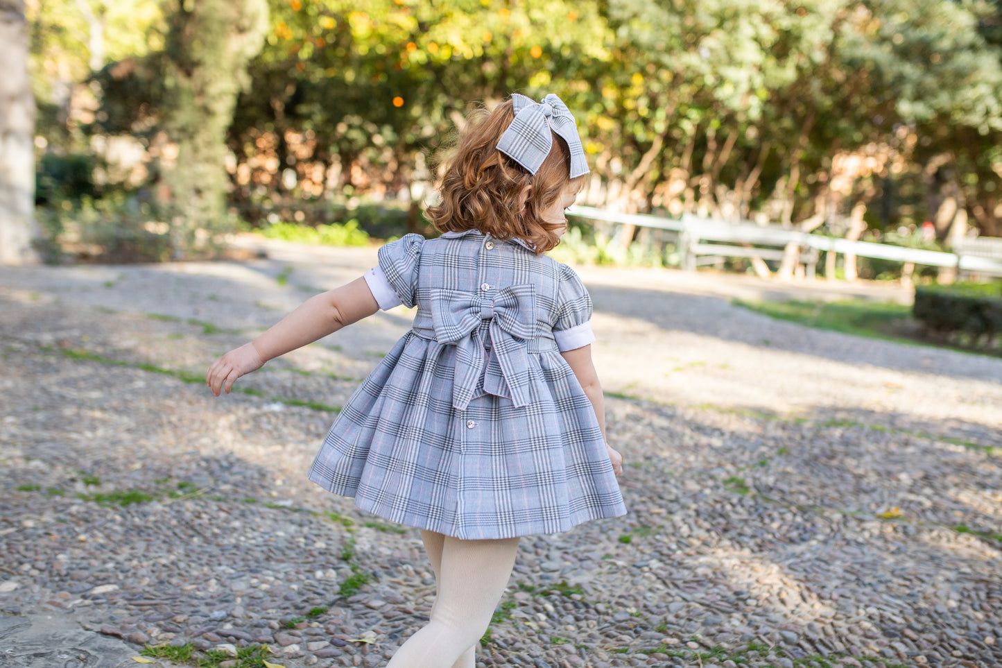 PRE ORDER AW25 NAXOS Grey Check Girls Hand Smocked Dress - 7626