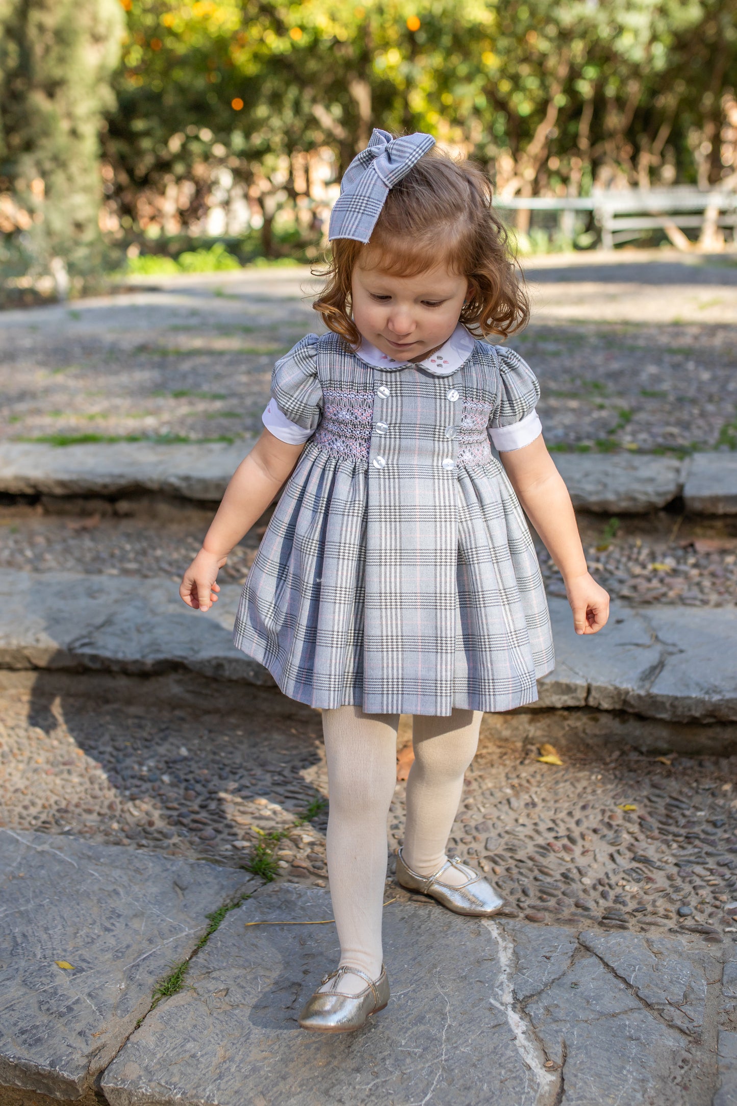 PRE ORDER AW25 NAXOS Grey Check Girls Hand Smocked Dress - 7626
