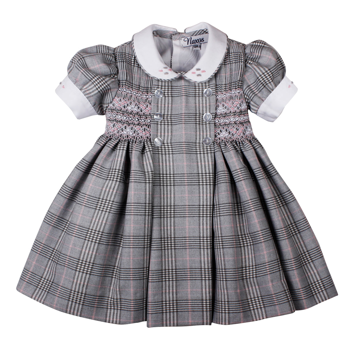 Naxos Laura Girls Grey & Pink Prince of Wales Check Dress with Hand Smocking.