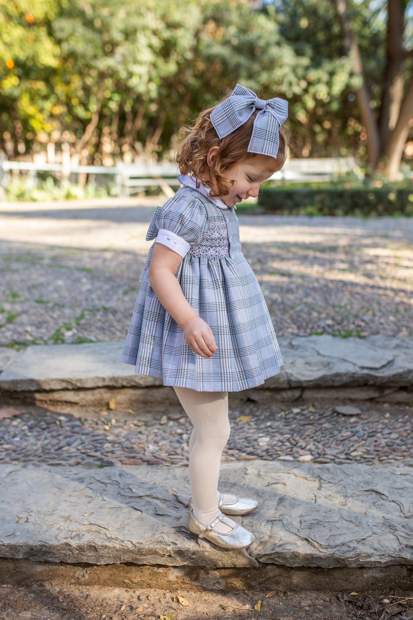 PRE ORDER AW25 NAXOS Grey Check Girls Hand Smocked Dress - 7626