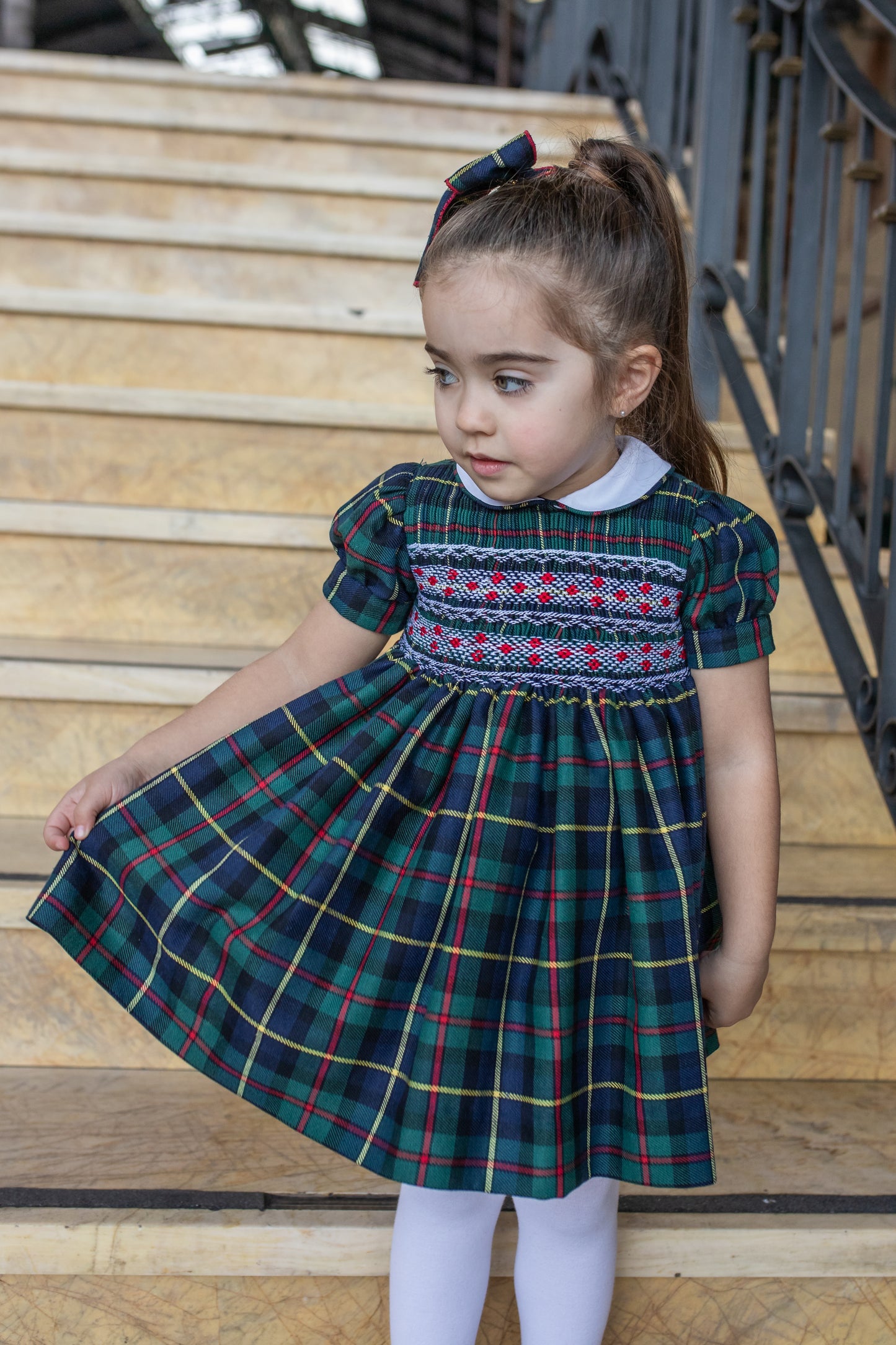 PRE ORDER AW25 NAXOS Navy Tartan Girls Hand Smocked Dress - 7628