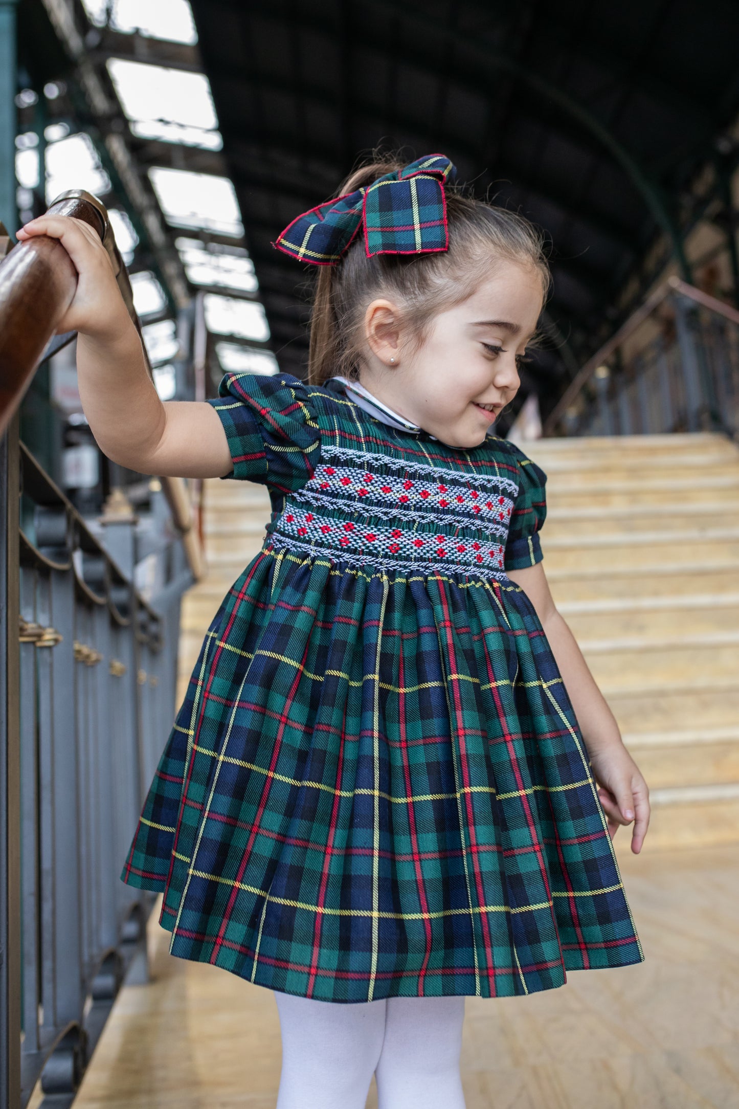 PRE ORDER AW25 NAXOS Navy Tartan Girls Hand Smocked Dress - 7628