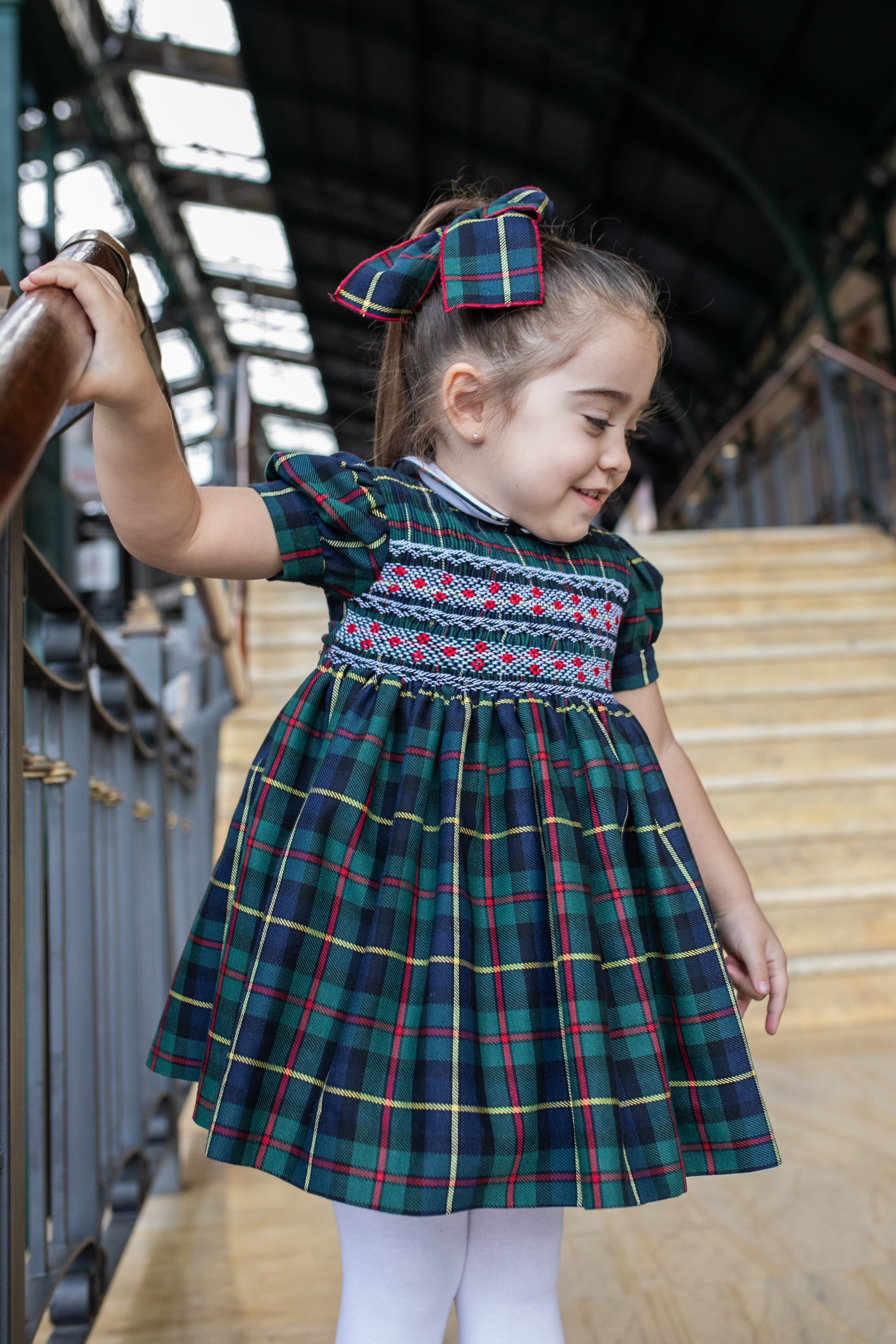 AW25 NAXOS Navy Tartan Girls Hand Smocked Dress - 7628