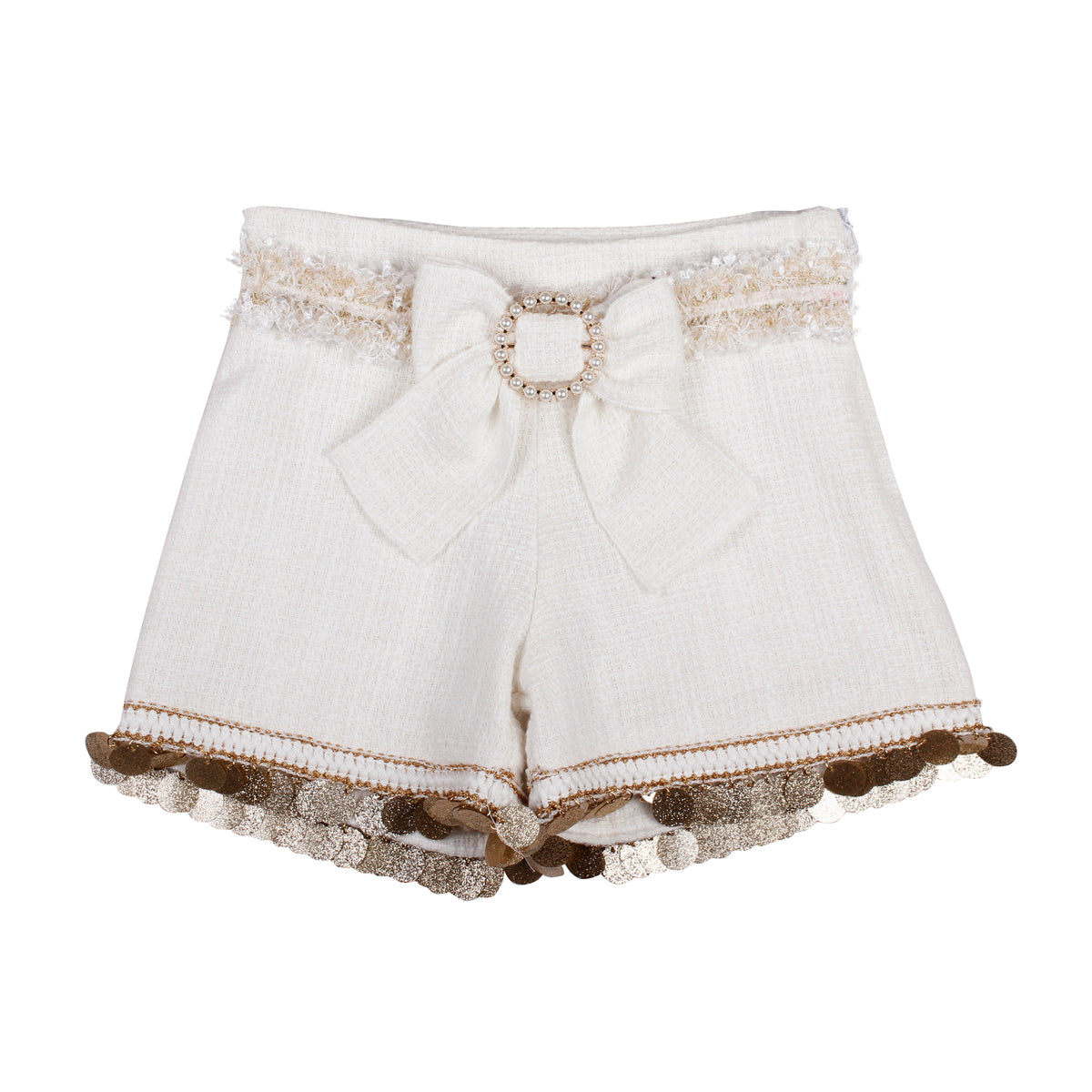 Naxos cream tweed girls shorts with pearl buckle bow and gold disc trim