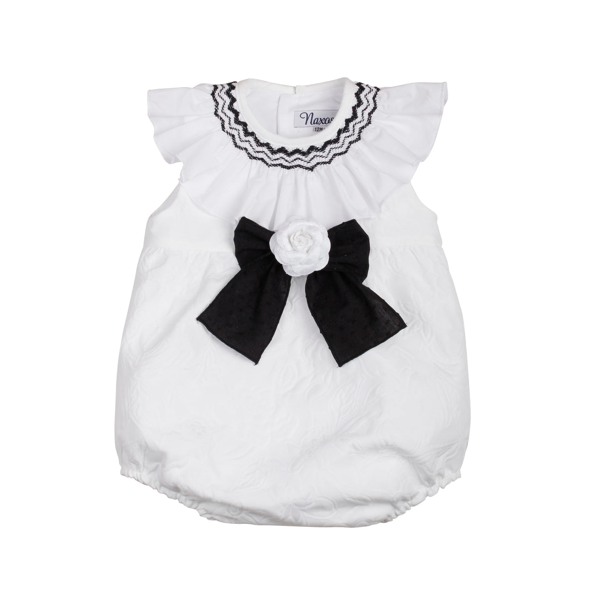 Naxos Camelia Girls Black & White Jacquard Smocked Romper - 7700