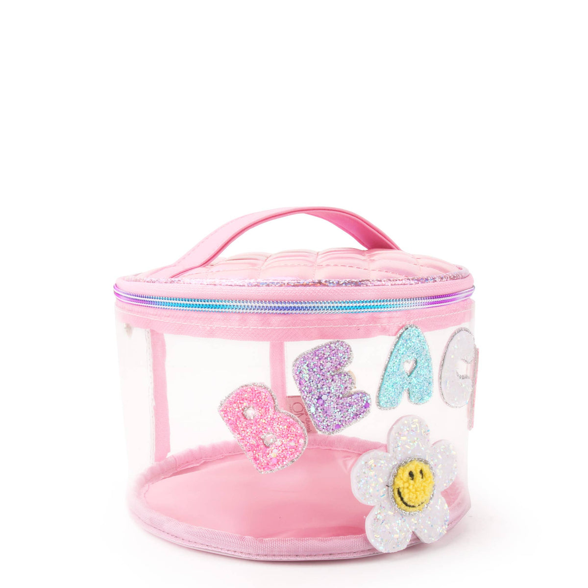 Detail view of OMG Accessories Beach clear pink round glam bag