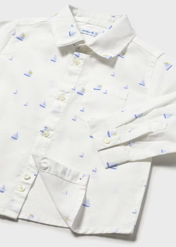Mayoral white boat-print boys shirt, back view