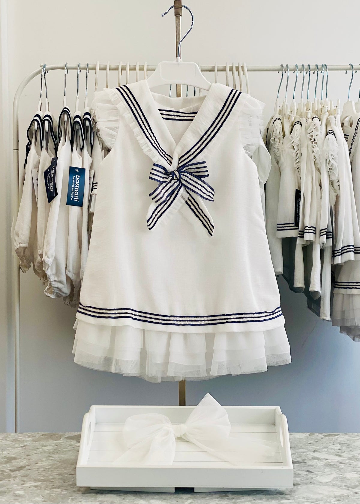 Basmarti Sailor girls navy and white dress with tulle frill and ribbon detail