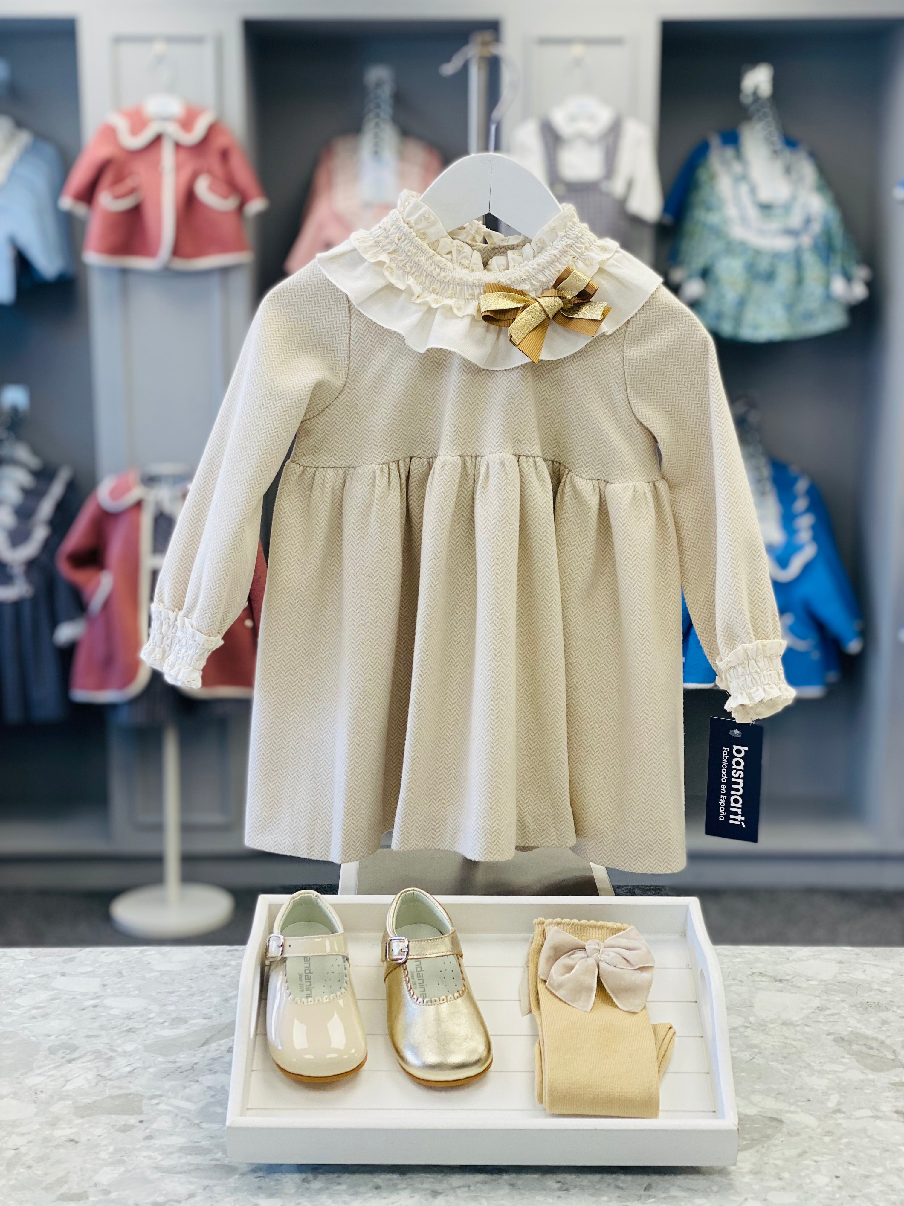 BASMARTI AW24 Cream & Beige Herringbone Girls Dress - CLEARANCE SALE