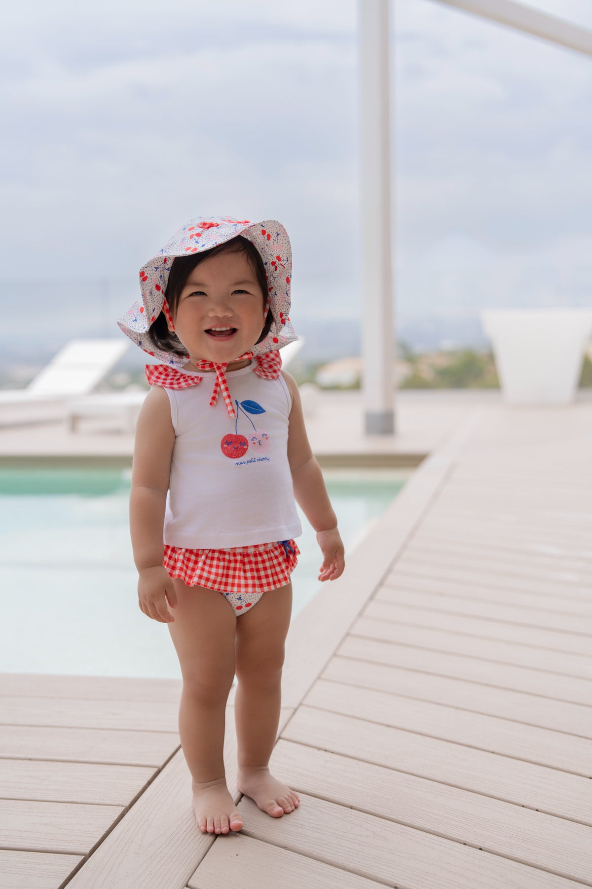 Miranda Mon Petit Cherry girls beach set with cherry print top, gingham frill swim bottoms and matching sun hat - 7