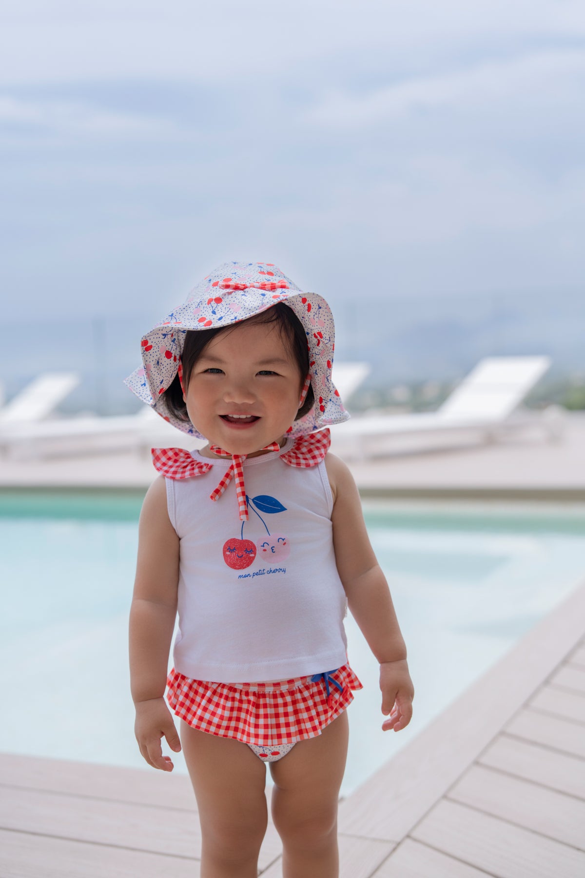 Miranda Mon Petit Cherry girls beach set with cherry print top, gingham frill swim bottoms and matching sun hat - 6