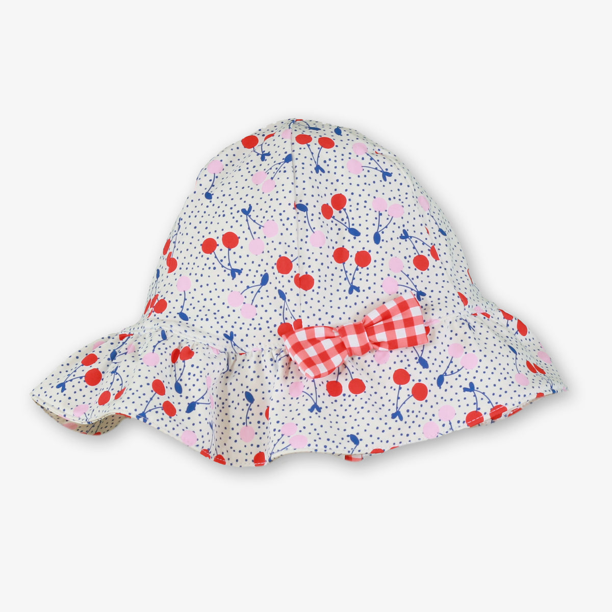 Miranda Mon Petit Cherry girls beach set with cherry print top, gingham frill swim bottoms and matching sun hat - 3