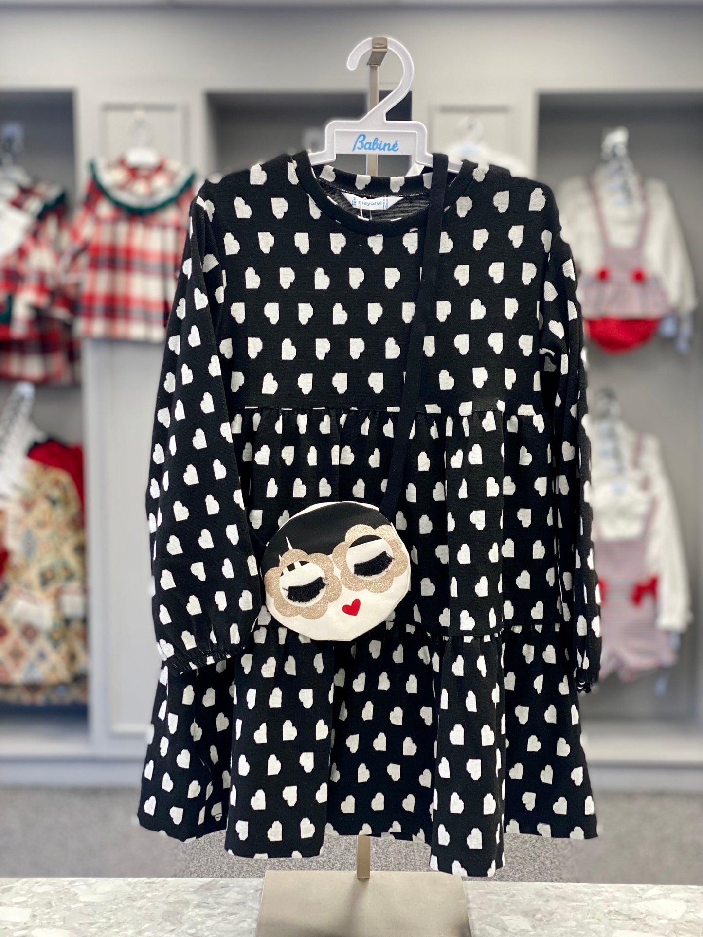 MAYORAL Girls Black Heart Print Dress with Handbag - CLEARANCE SALE